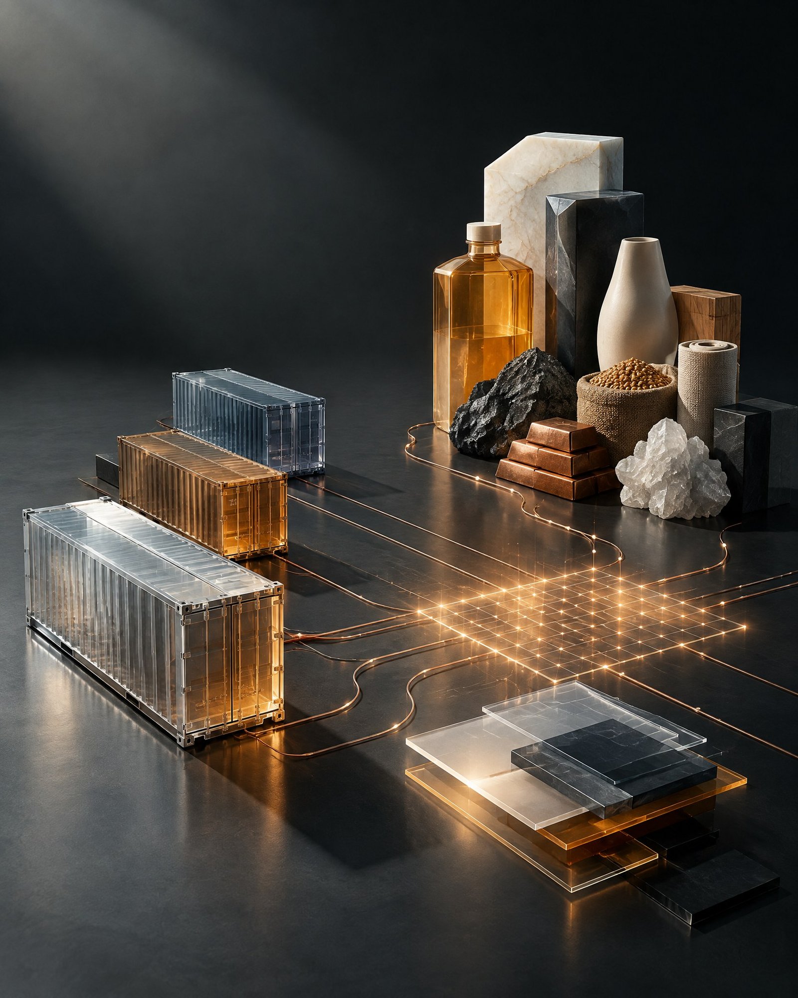 Abstract layered cargo forms, product classification bands and interconnected value pathways, illustrating customs and transfer-pricing alignment.