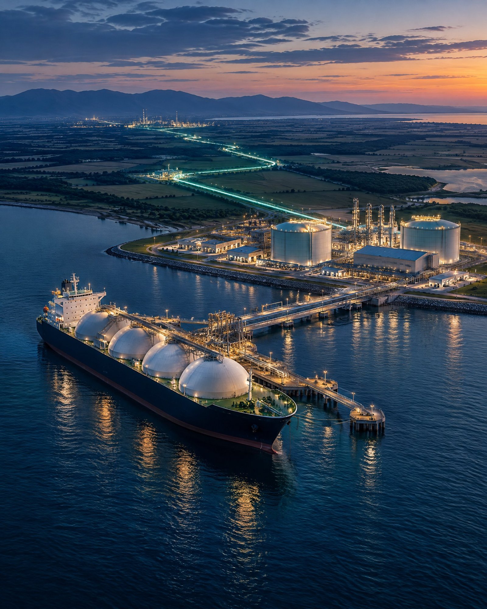 Original editorial illustration for LNG Sales, Regasification & Cross-Border Gas Infrastructure.