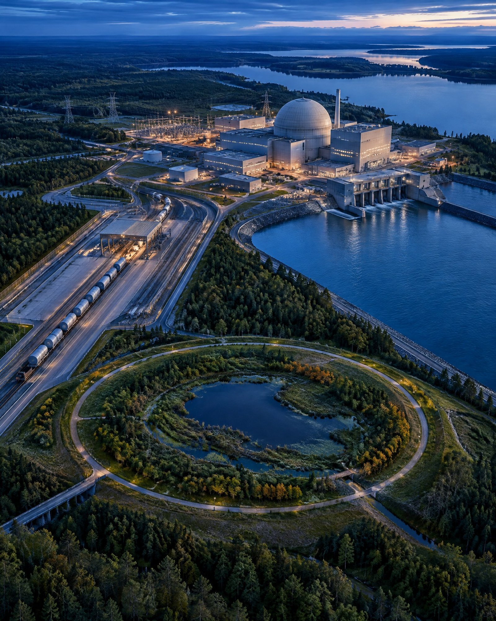 Nuclear New Build, Fuel Supply & Decommissioning Projects Abstract aerial view of a nuclear energy complex, fuel transport infrastructure and a carefully restored landscape in one continuous composition.