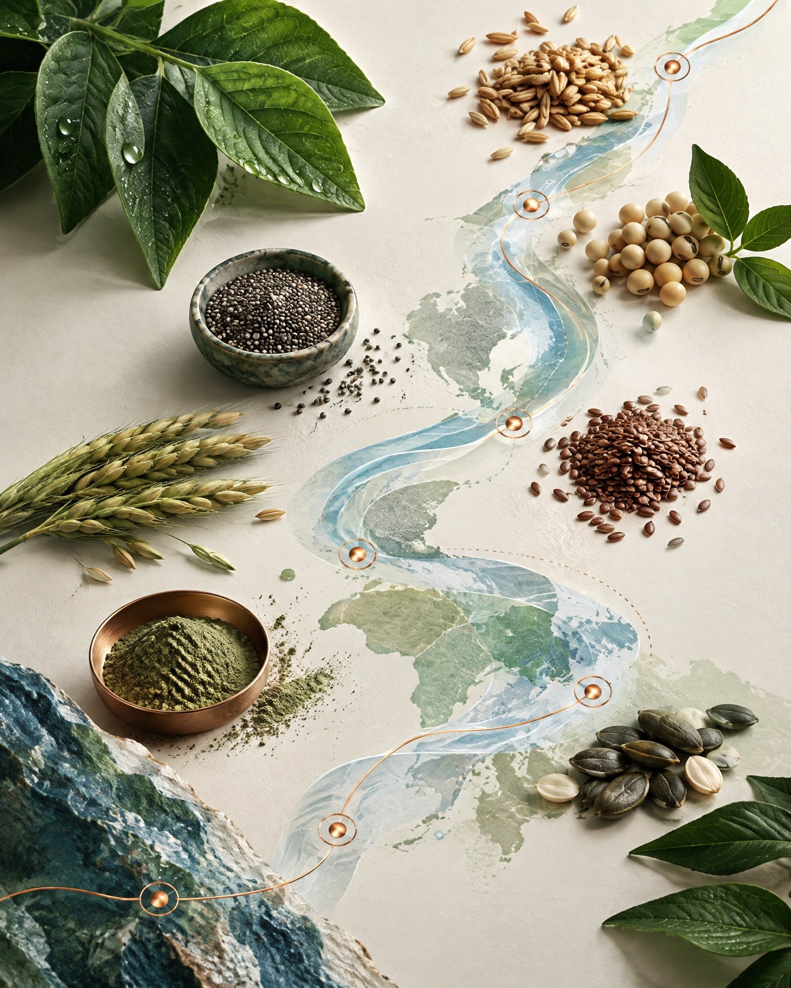 Layered agricultural produce and grain specimens travelling along a precise abstract route through a cool-toned inspection and document-control landscape.