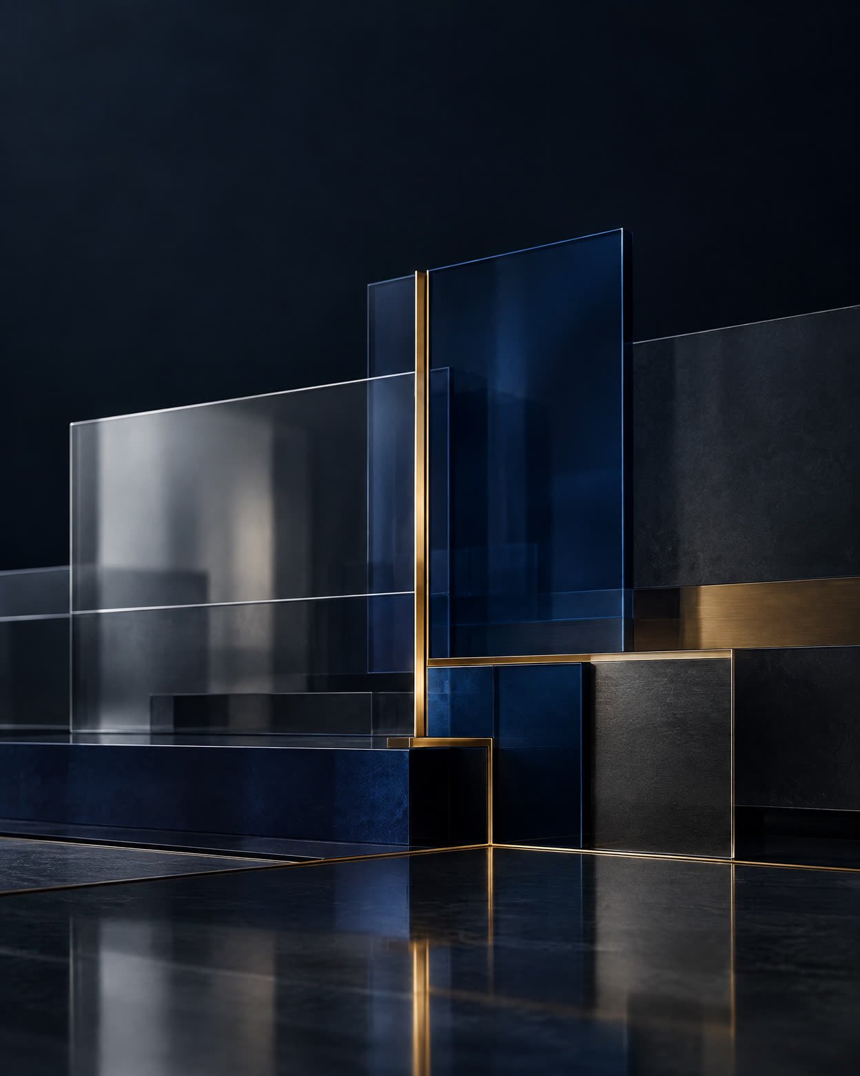 Layered navy glass panels with a restrained brass fracture resolving into aligned channels.