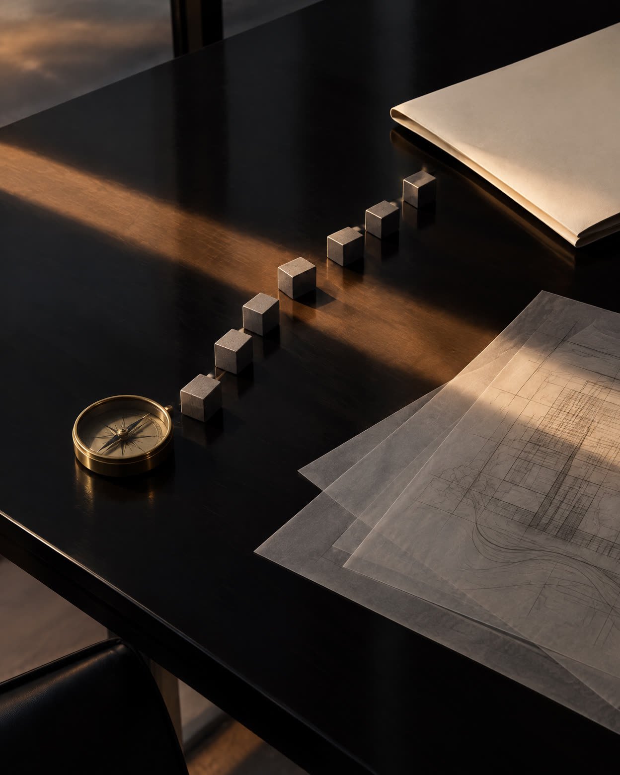 Unbranded compass, geometric wooden blocks and a closed folder on a dark planning table.