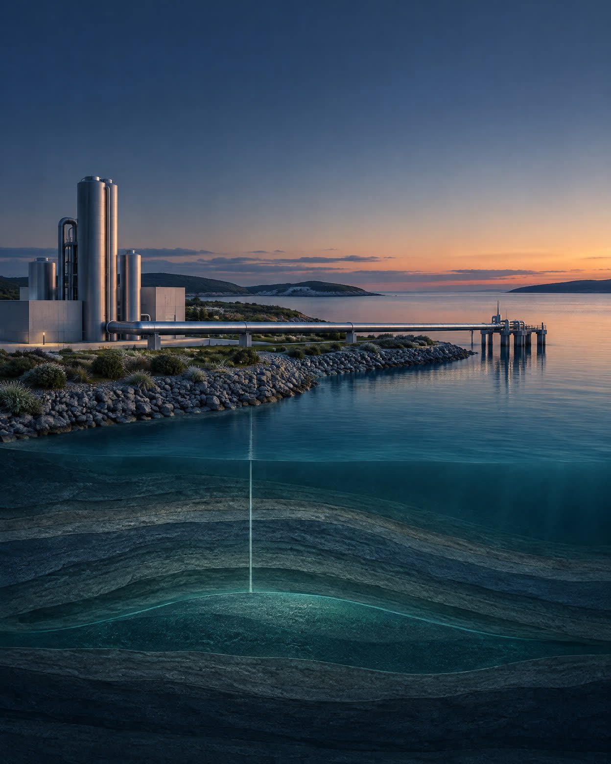 Abstract coastal capture, transport and geological storage composition
