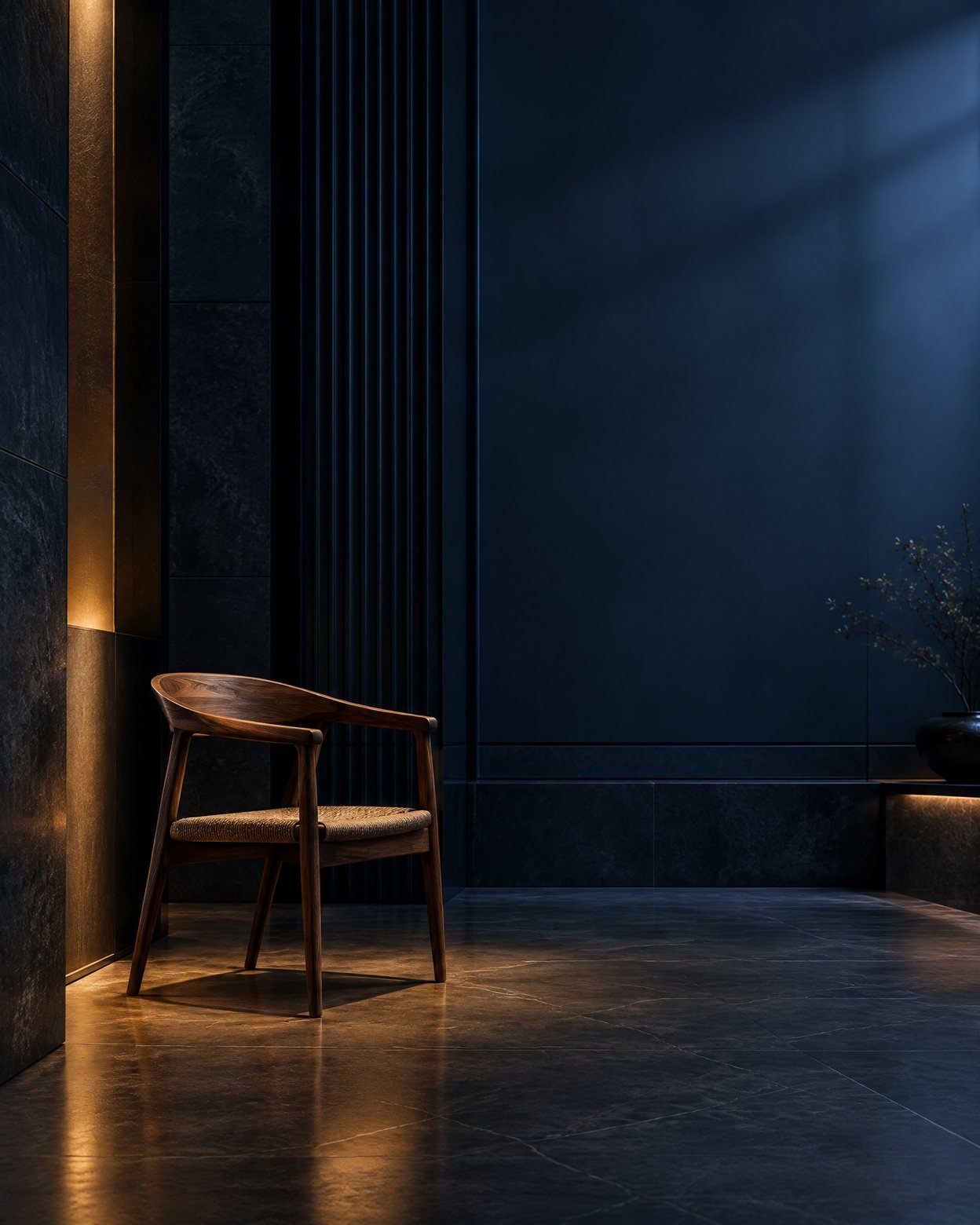 A quiet dark-toned interior with a small empty wooden chair beside a softly lit architectural threshold.