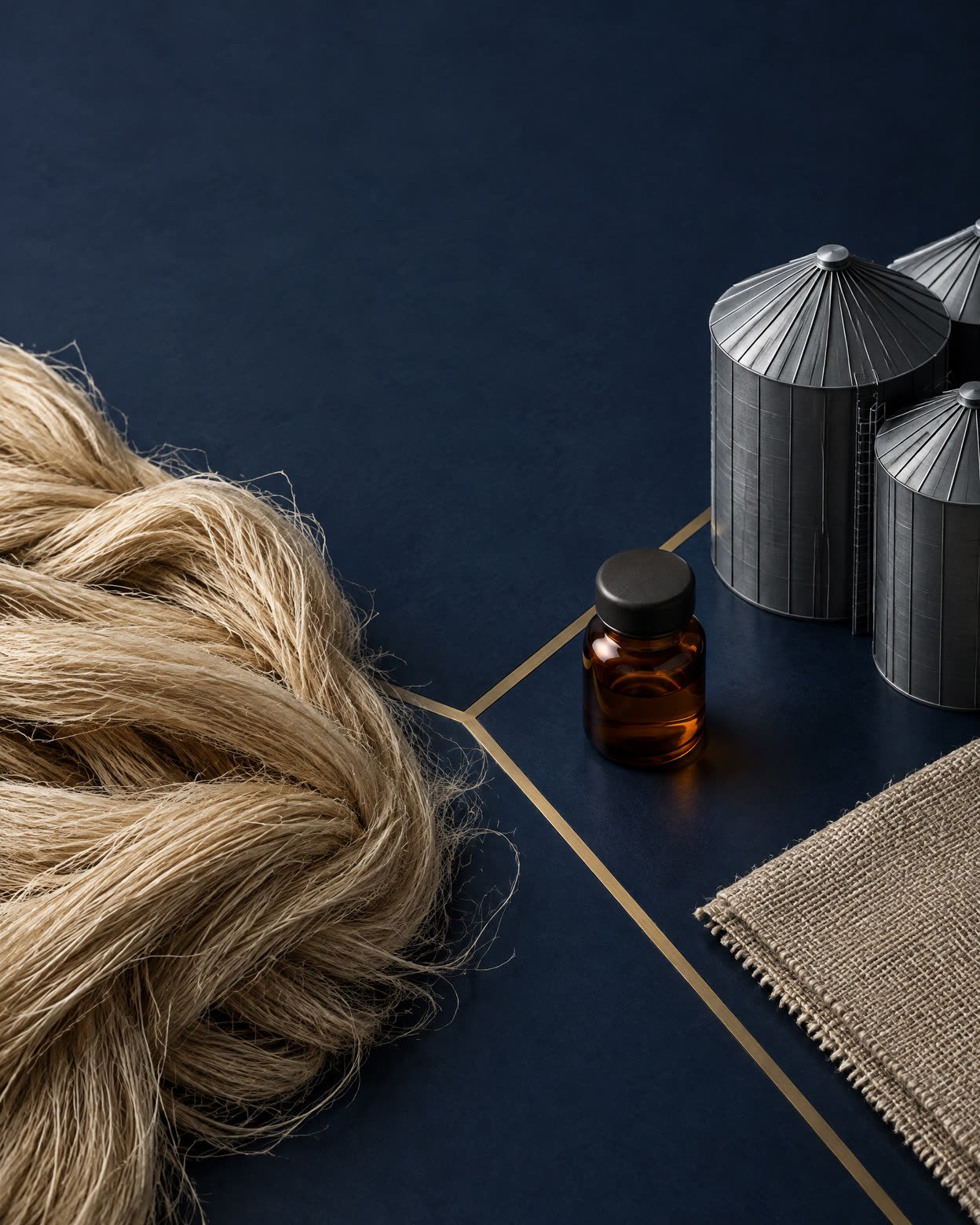 Abstract still life of jute fibre, metal forms, amber glass and woven fabric on indigo.