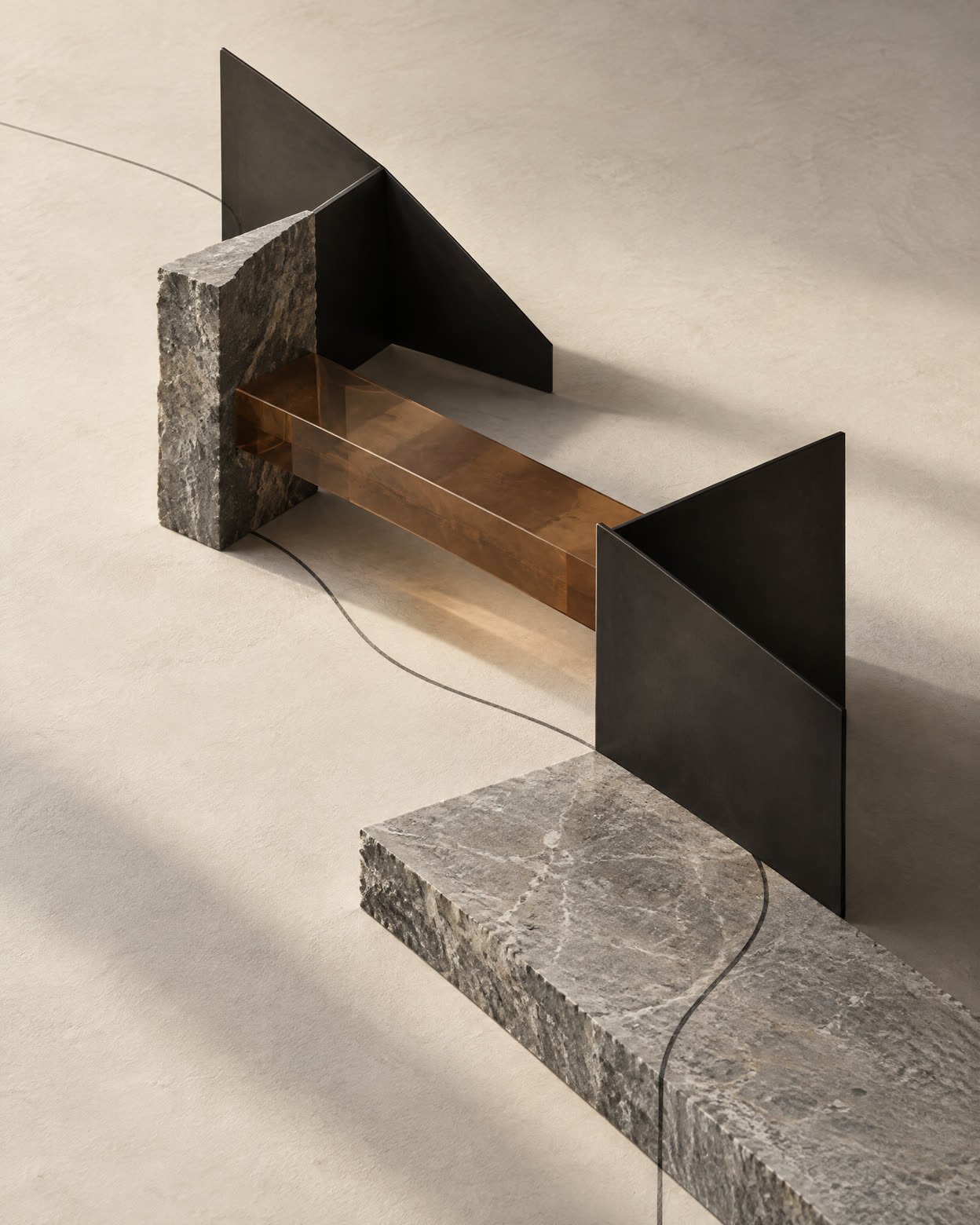 Abstract black, mineral-grey and muted-sienna layered forms on an ivory ground.