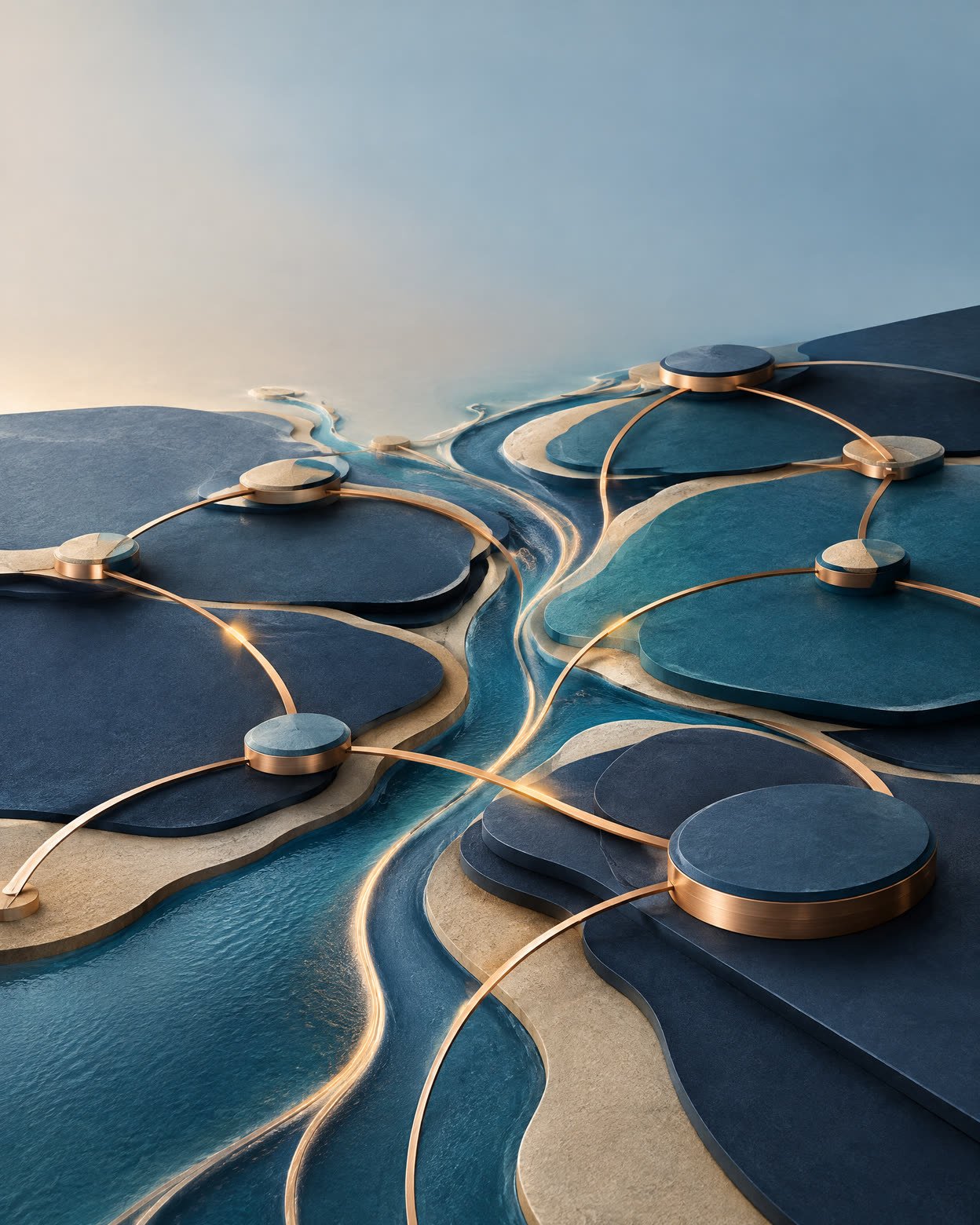 Abstract indigo and copper network of connected channels.