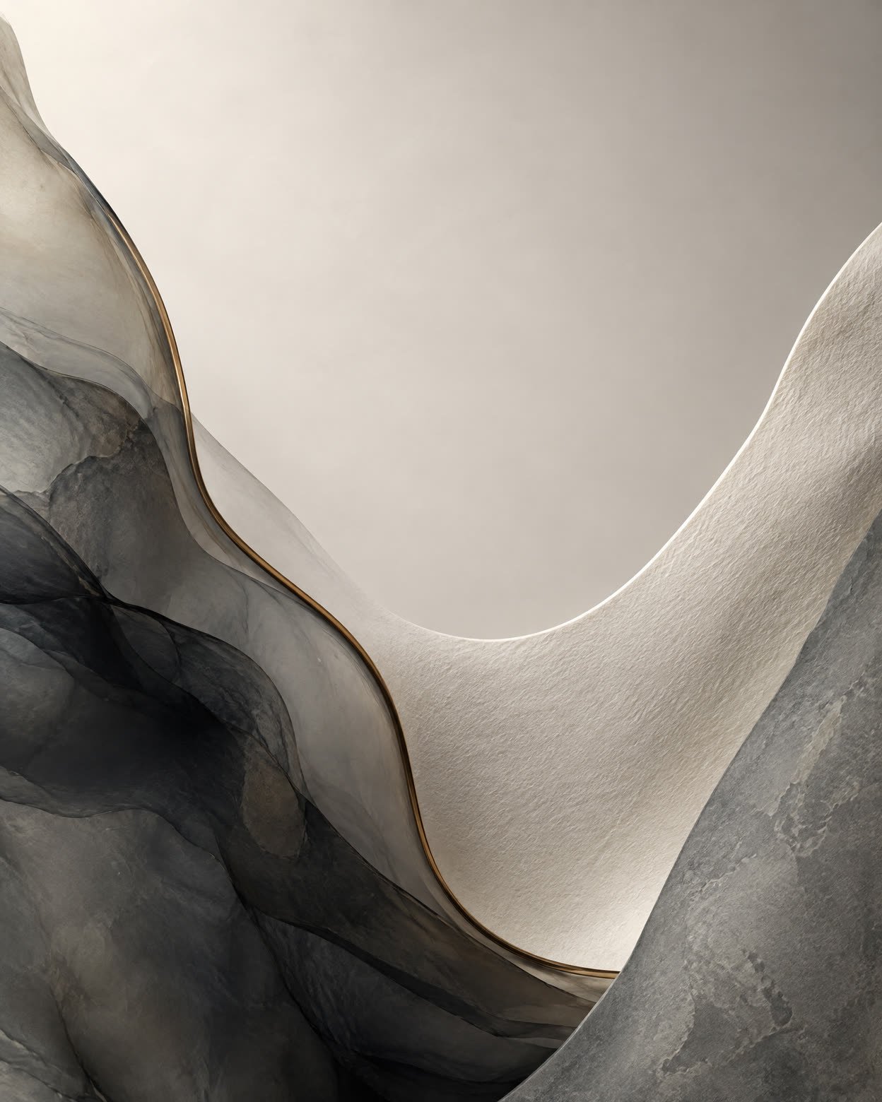 Abstract ink-toned layers surrounding a softly illuminated central space.