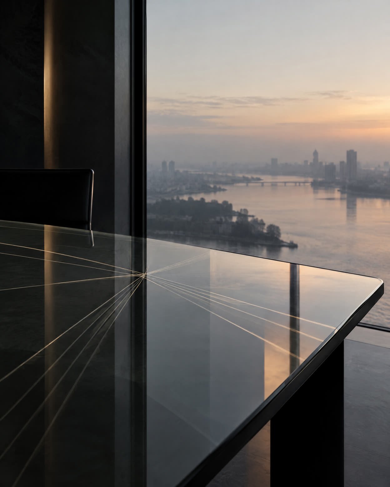 Abstract black, ivory and mineral-grey glass reflections against a hazy urban horizon.