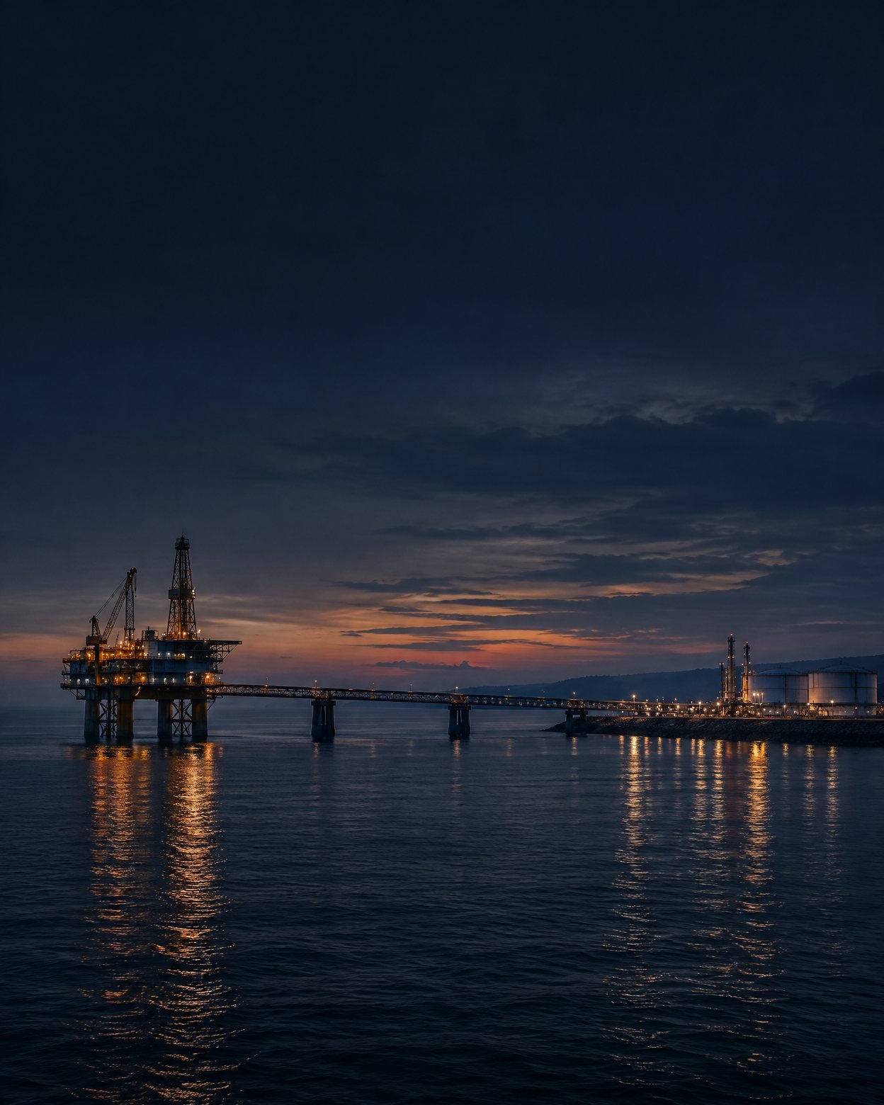 Abstract dusk view of offshore and coastal energy infrastructure over dark water.