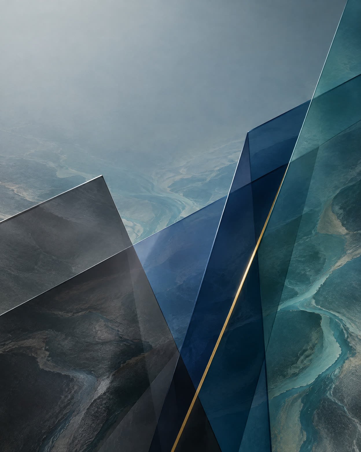 Abstract graphite, indigo and teal planes crossed by a fine gold line.