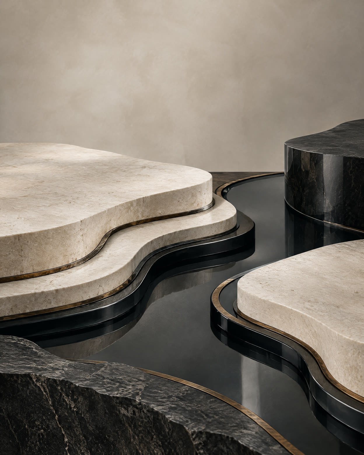 Abstract layered ivory mineral and ink-glass forms joined by oxidised-bronze lines.