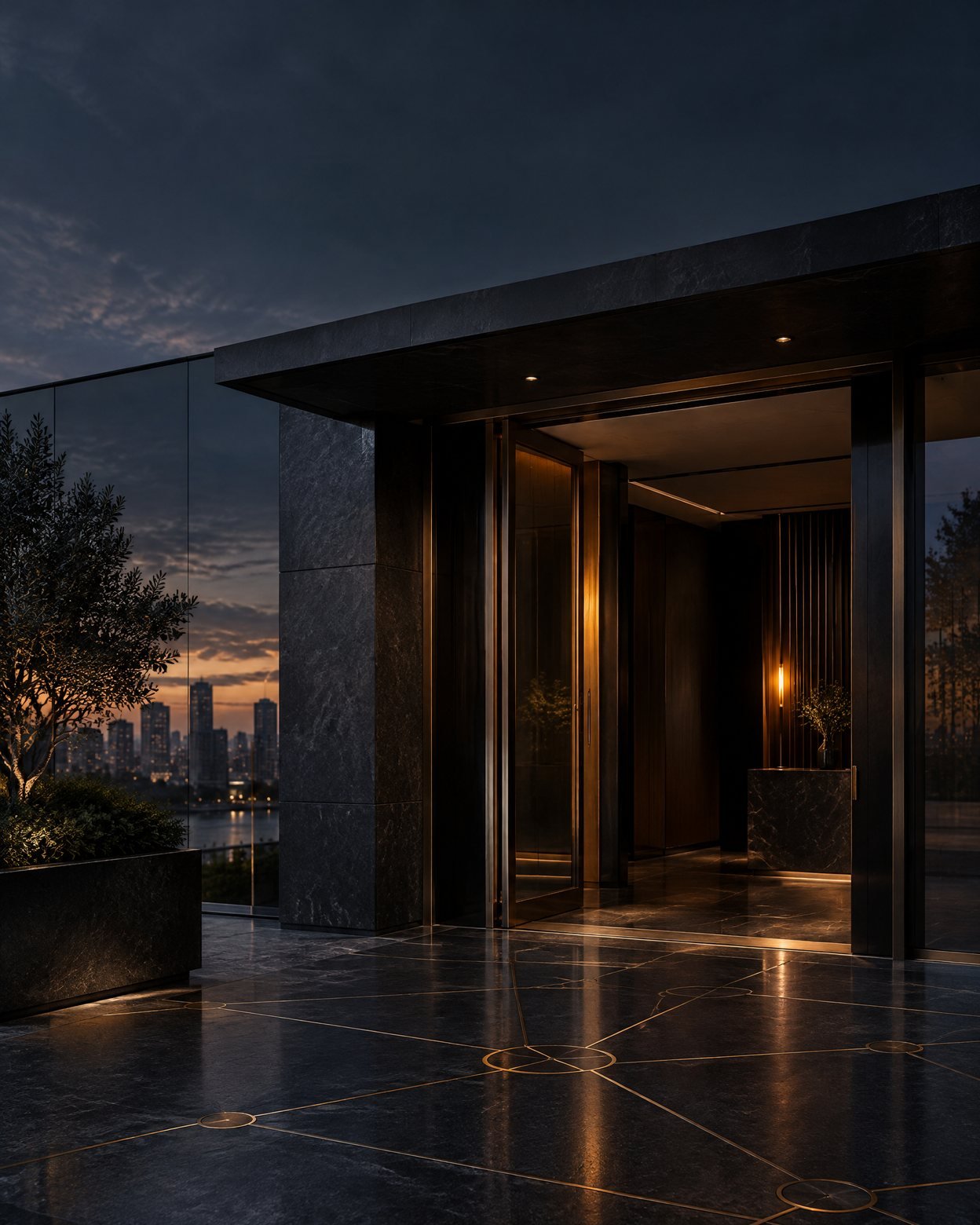 Abstract dark storefront threshold with warm light and geometric floor pattern.