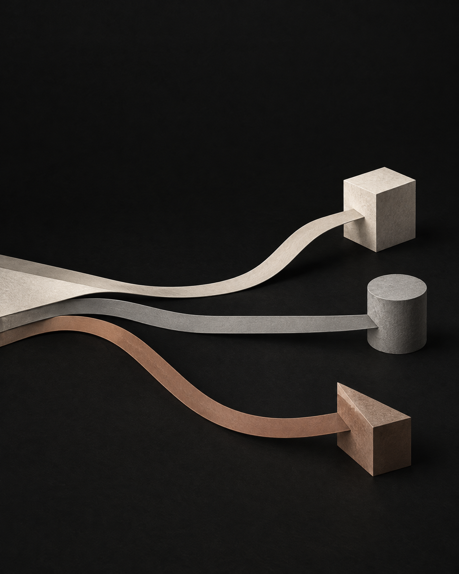 Abstract editorial composition of interlocking routes and modular forms suggesting a franchising and distribution channel.
