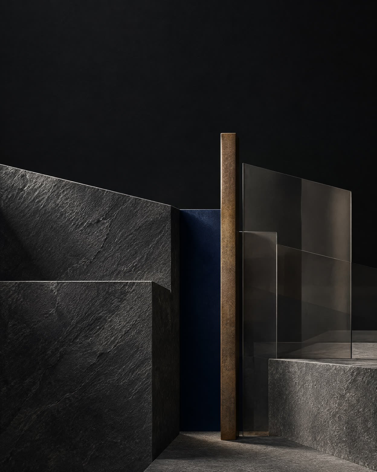 Abstract charcoal and ivory planes with a fine oxidised-bronze line.