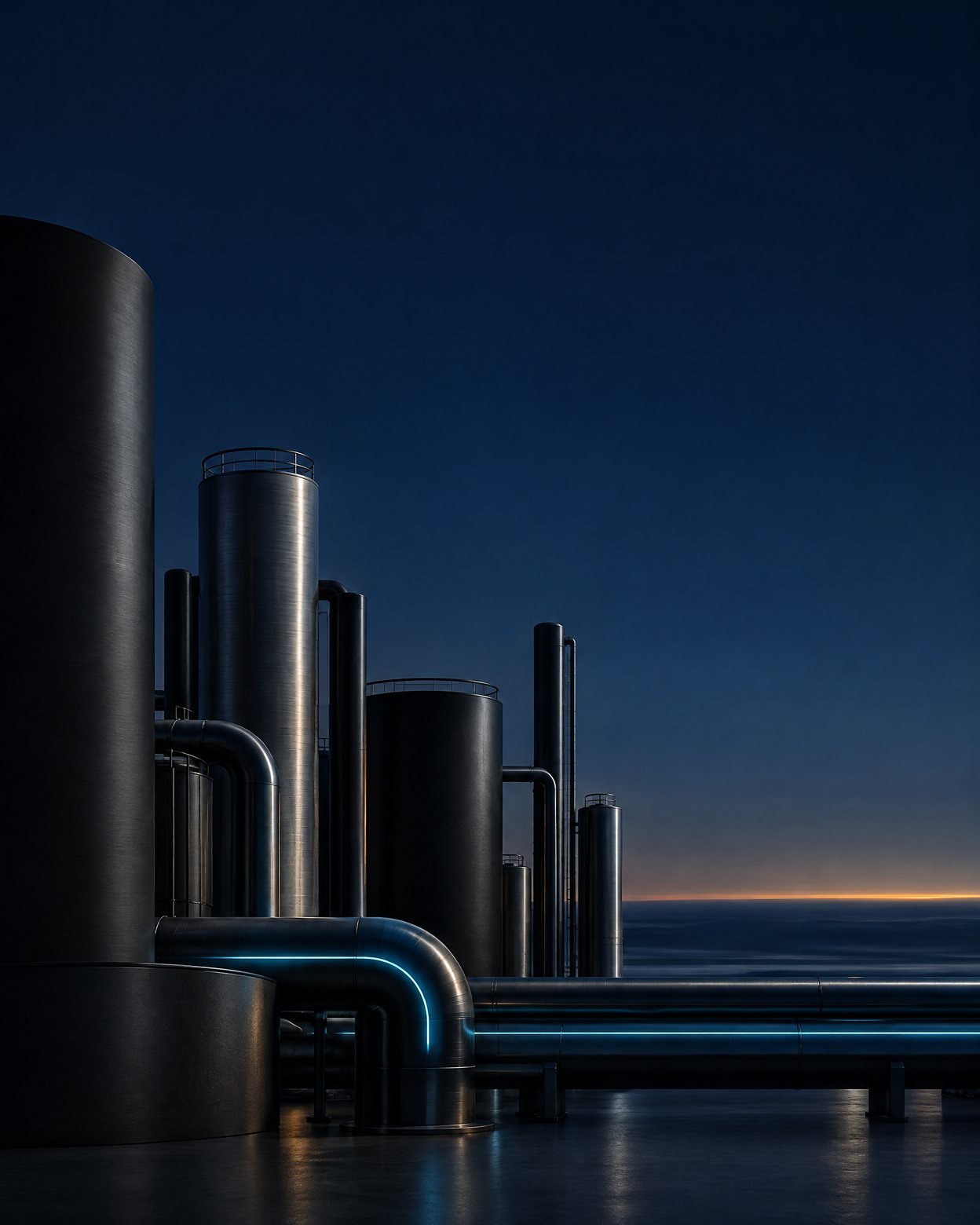 Abstract steel energy infrastructure with a cyan light path against a dark blue dawn horizon.