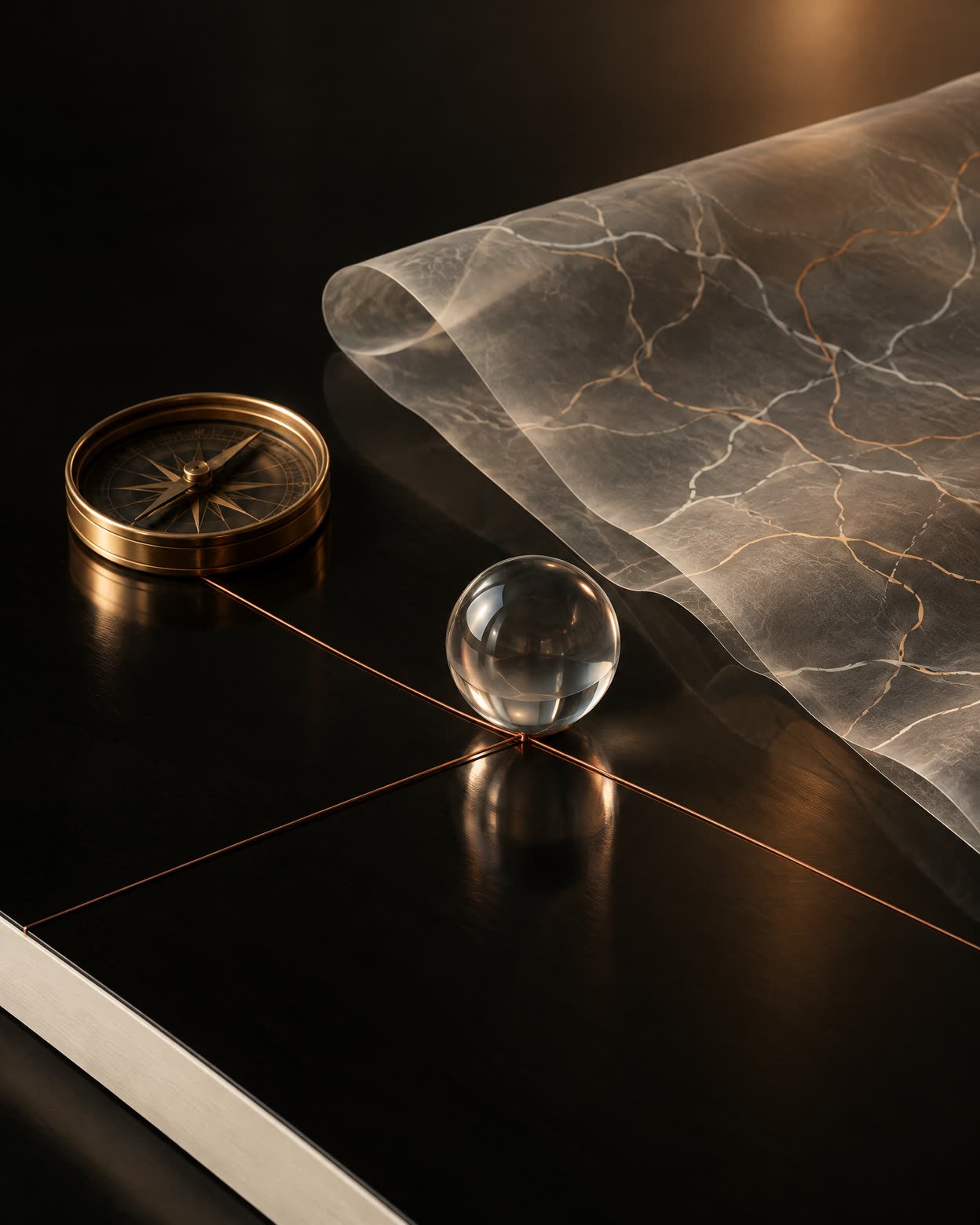 Abstract compass, glass sphere and copper routes on a dark surface