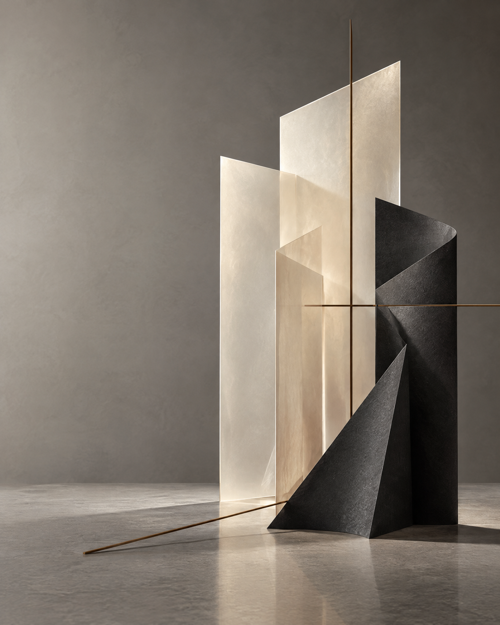 Abstract ivory and charcoal layered forms with fine muted-sienna lines, arranged against a mineral-grey background.