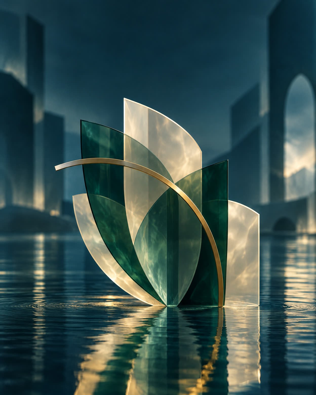Layered ivory and emerald glass planes with a brushed-brass arc against a deep teal abstract architectural field.
