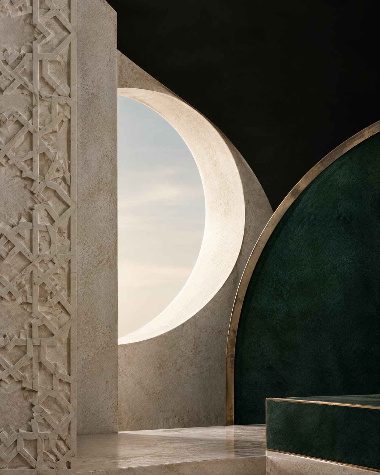 Abstract indigo and sand-coloured ribbons converge around a circular space on an ivory background.