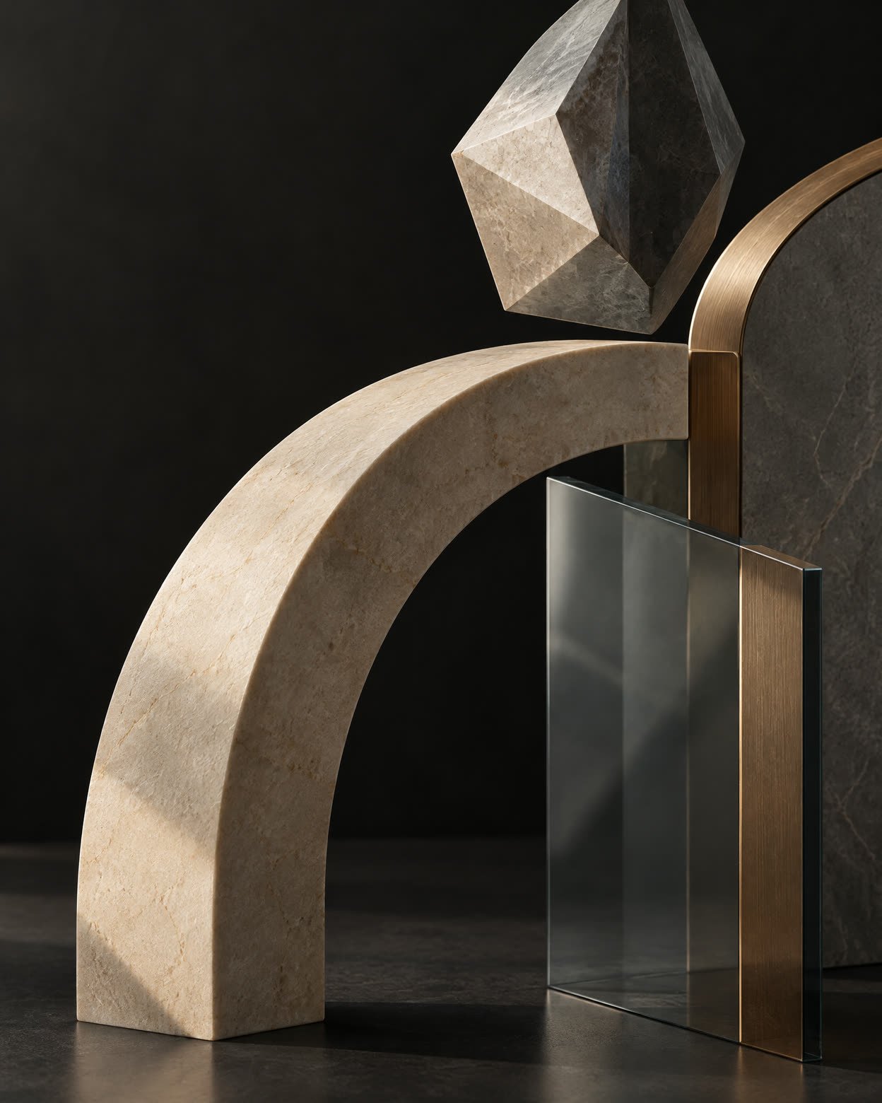 Abstract architectural composition of interlocking stone, glass and metal forms.