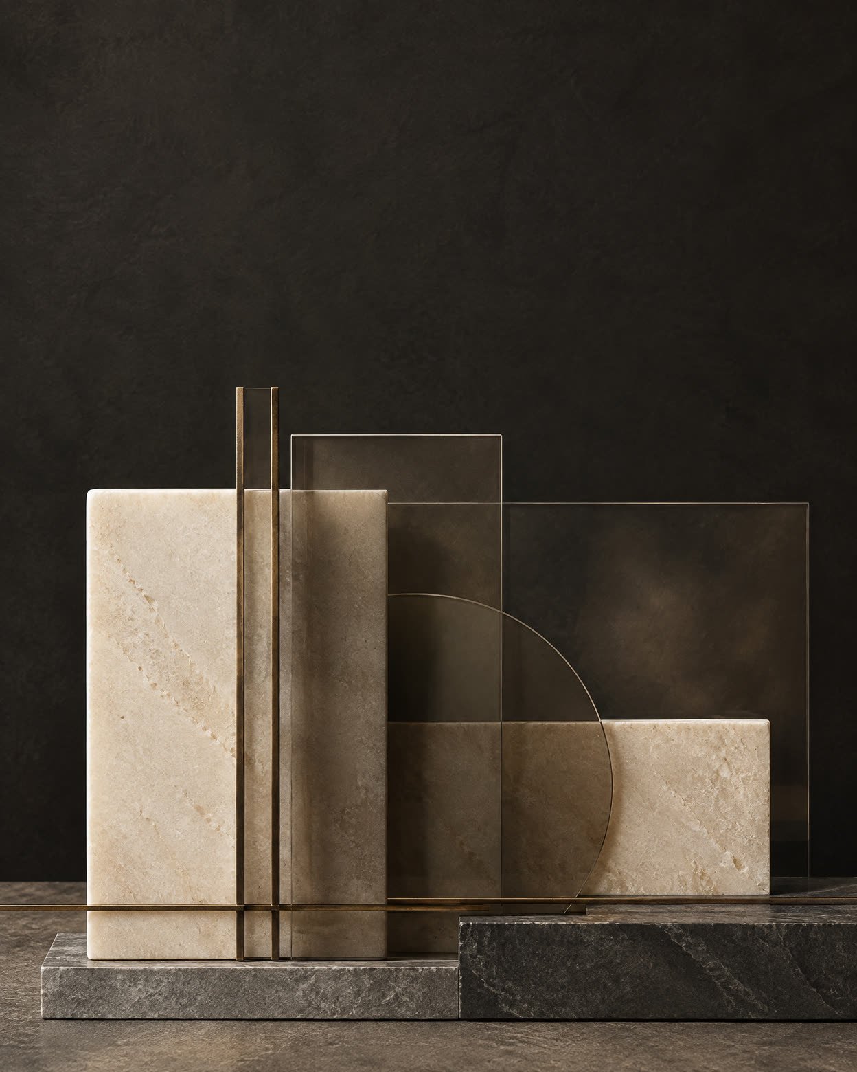 Abstract layered glass and bronze geometry in charcoal, ink and warm mineral tones, suggesting precise alignment.