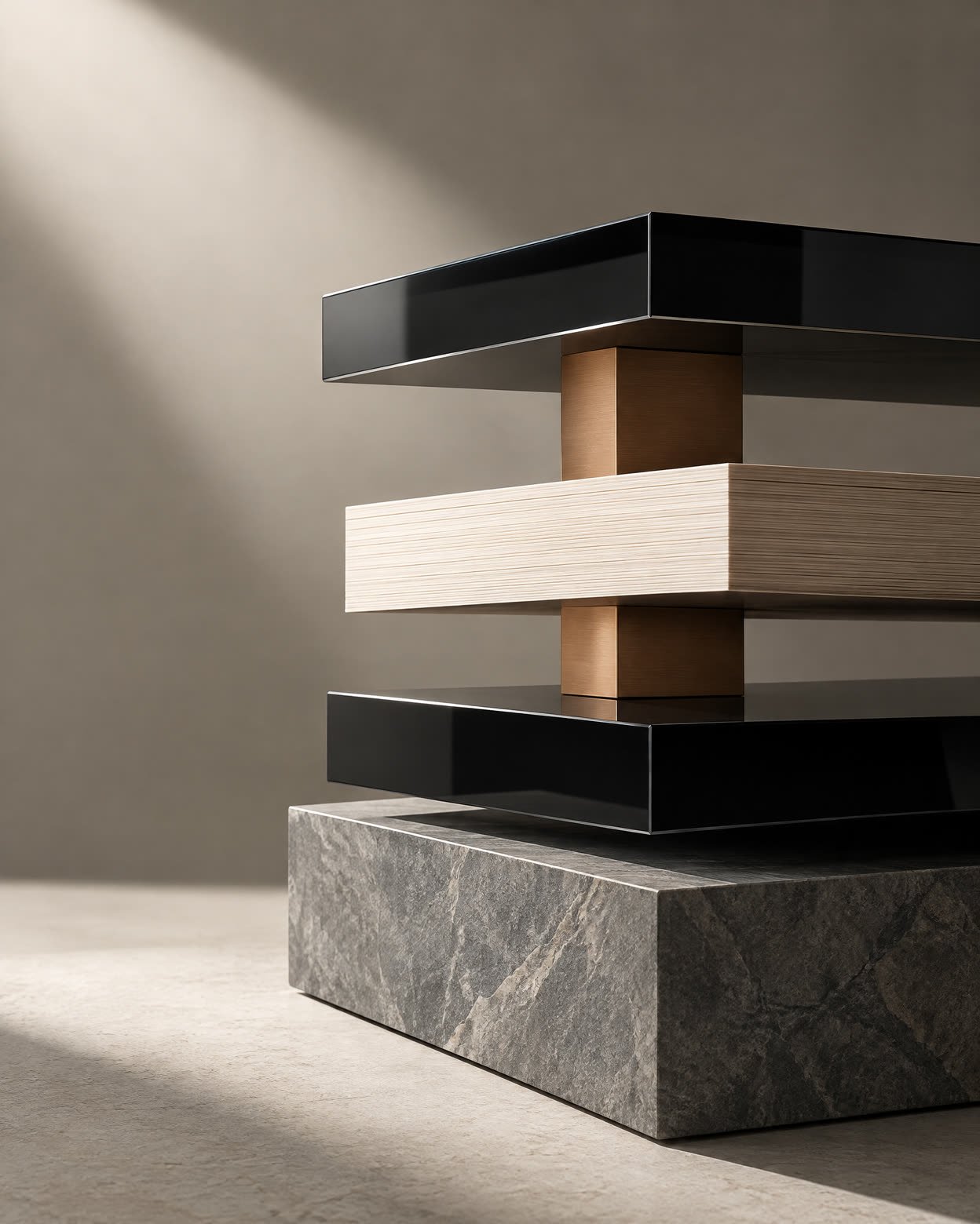 Layered black, ivory and mineral-grey forms joined by a muted-sienna connector.