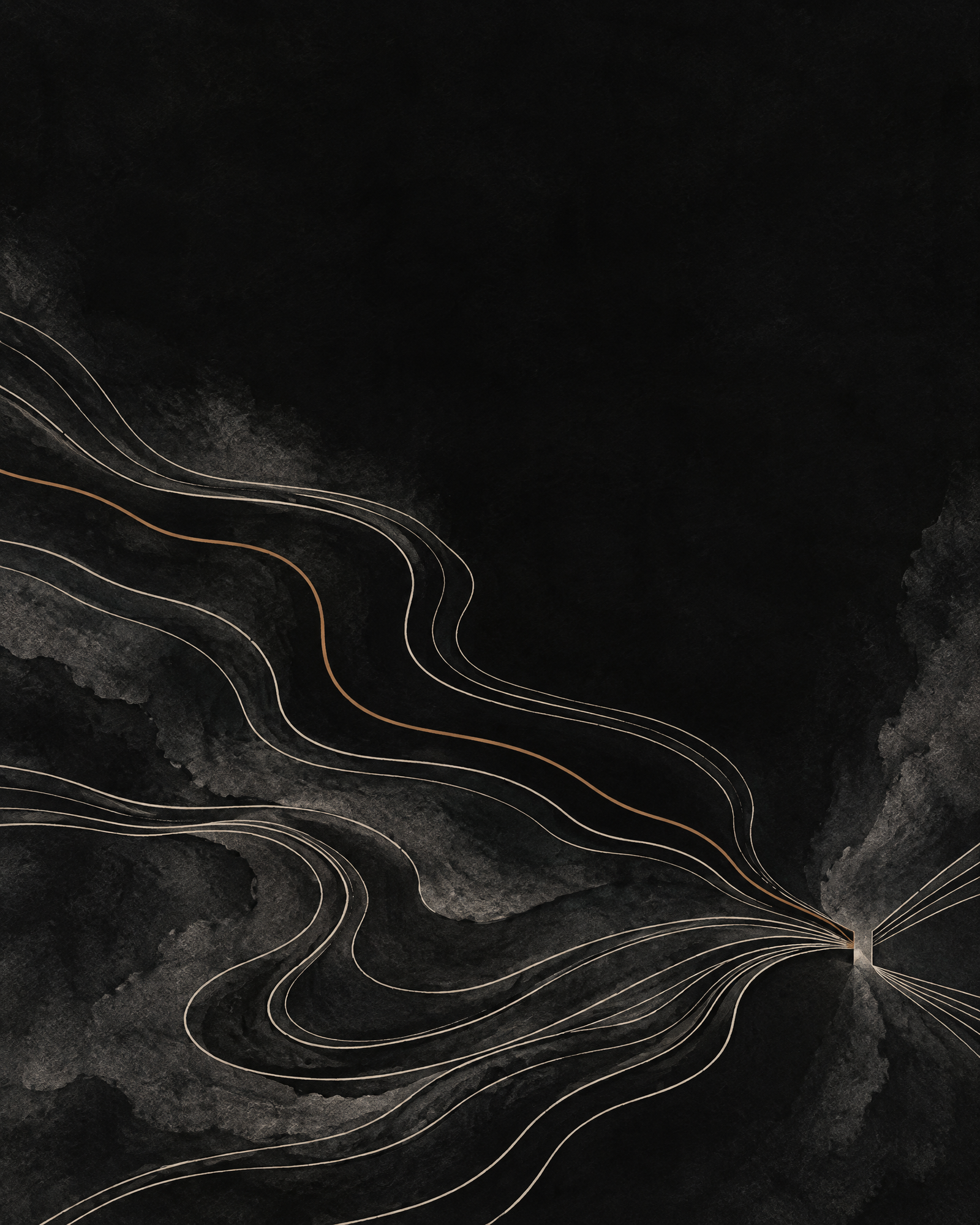 Abstract dark seascape with ivory channel lines and a muted-sienna route converging at a geometric threshold.