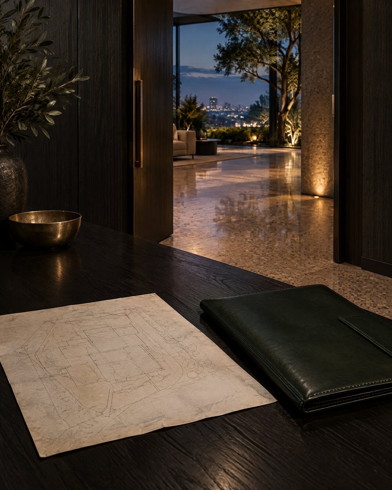 A softly lit residence entrance with an unmarked document folio and abstract property plan on a dark console.