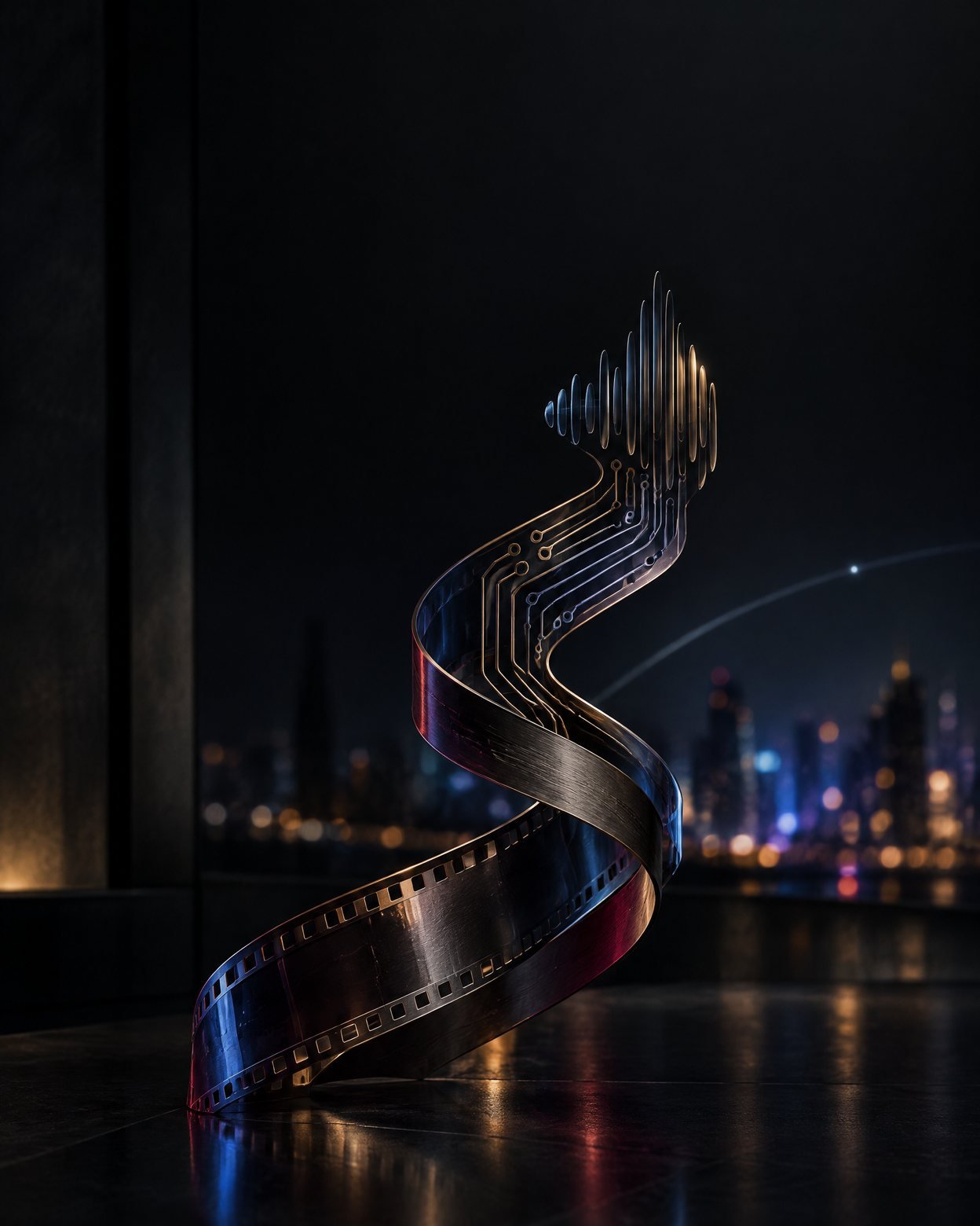 Abstract smoked-glass ribbon combining film and circuit motifs against a dark city-lit background.