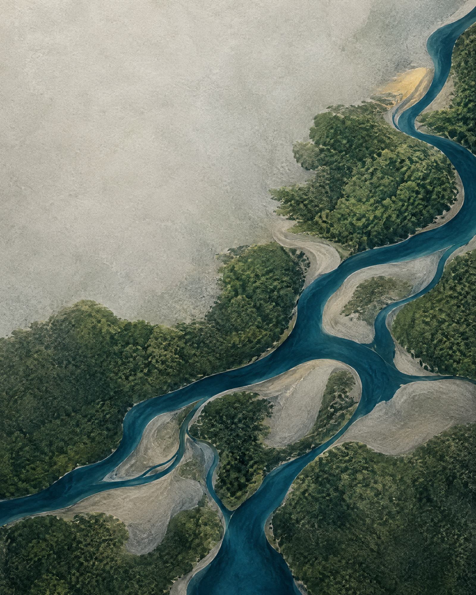 Abstract aerial-style composition of water channels, tree canopy and textured resource parcels.