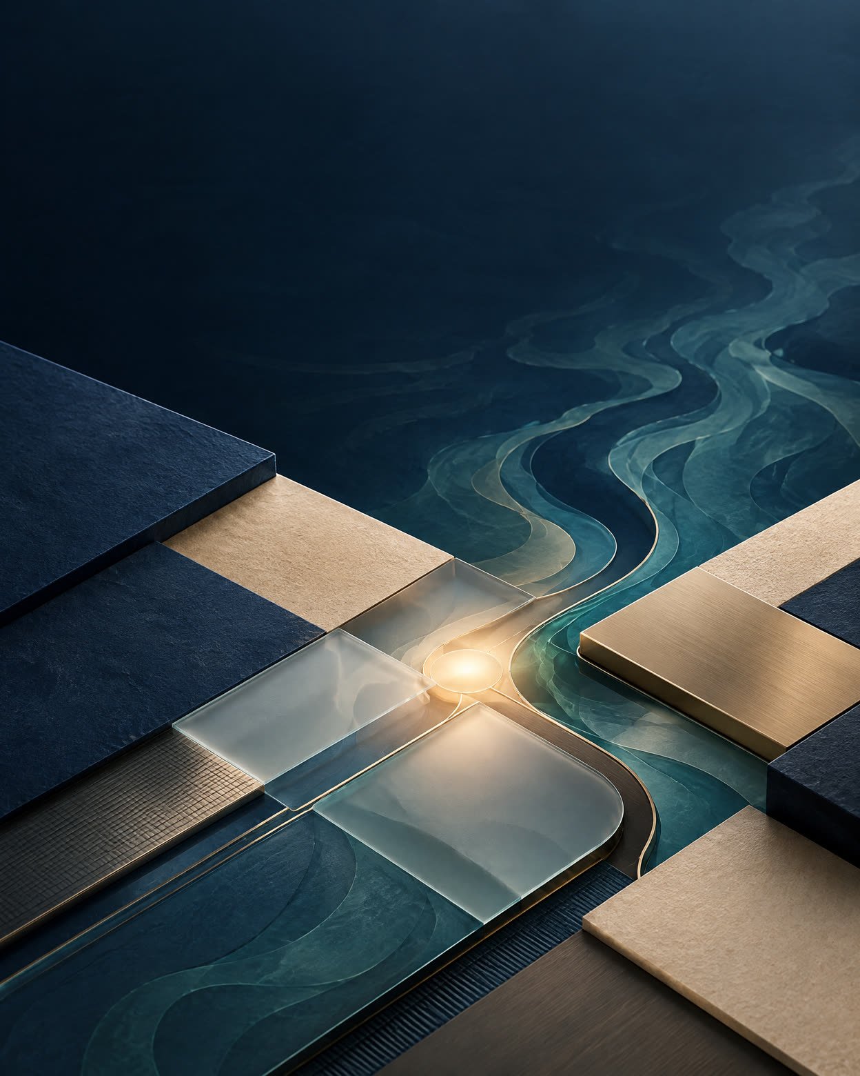 Abstract modular composition in indigo, teal and warm sand, suggesting controlled financial-system oversight.
