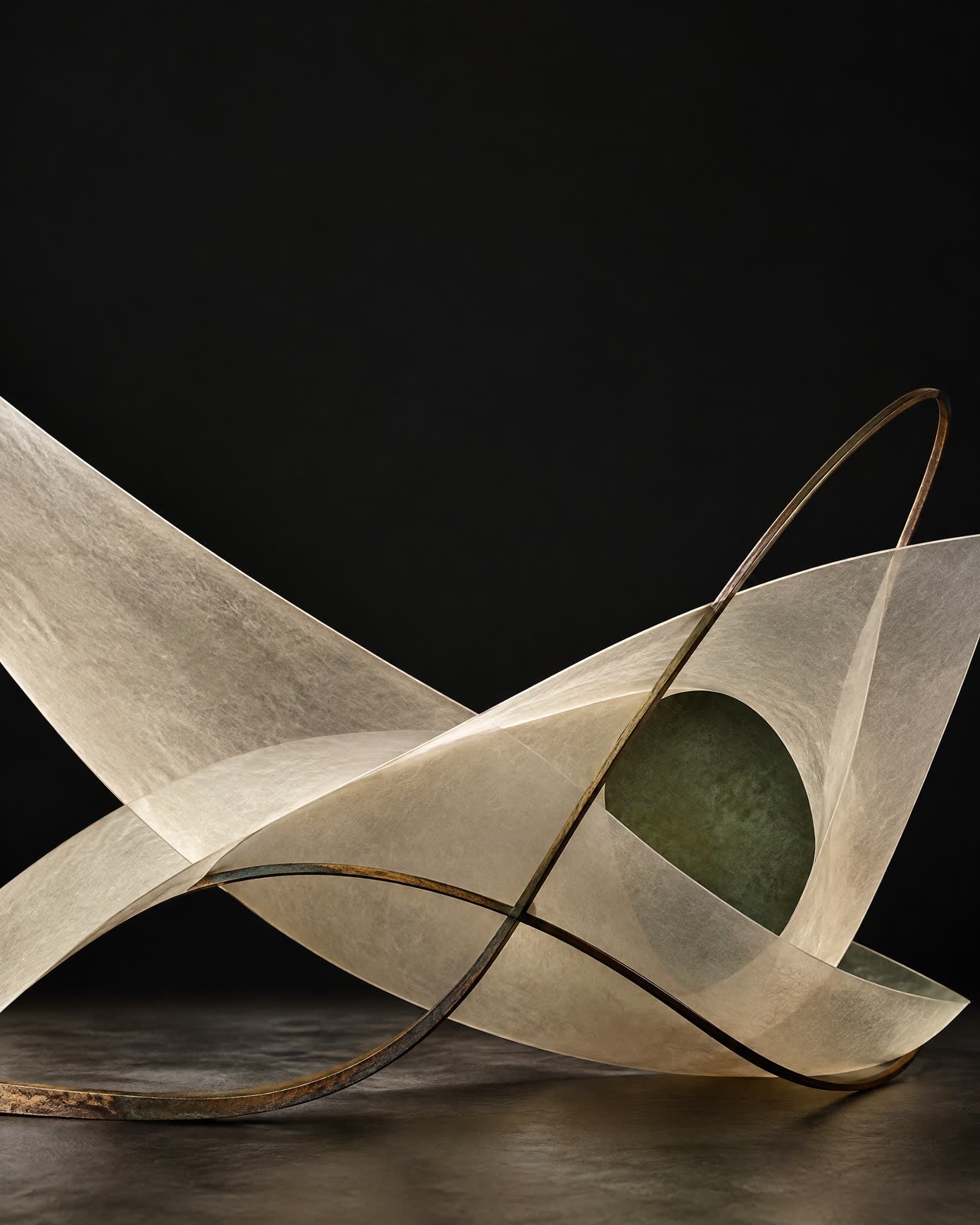 Layered chalk, muted blue and brass fibre ribbons curve across a deep indigo background.