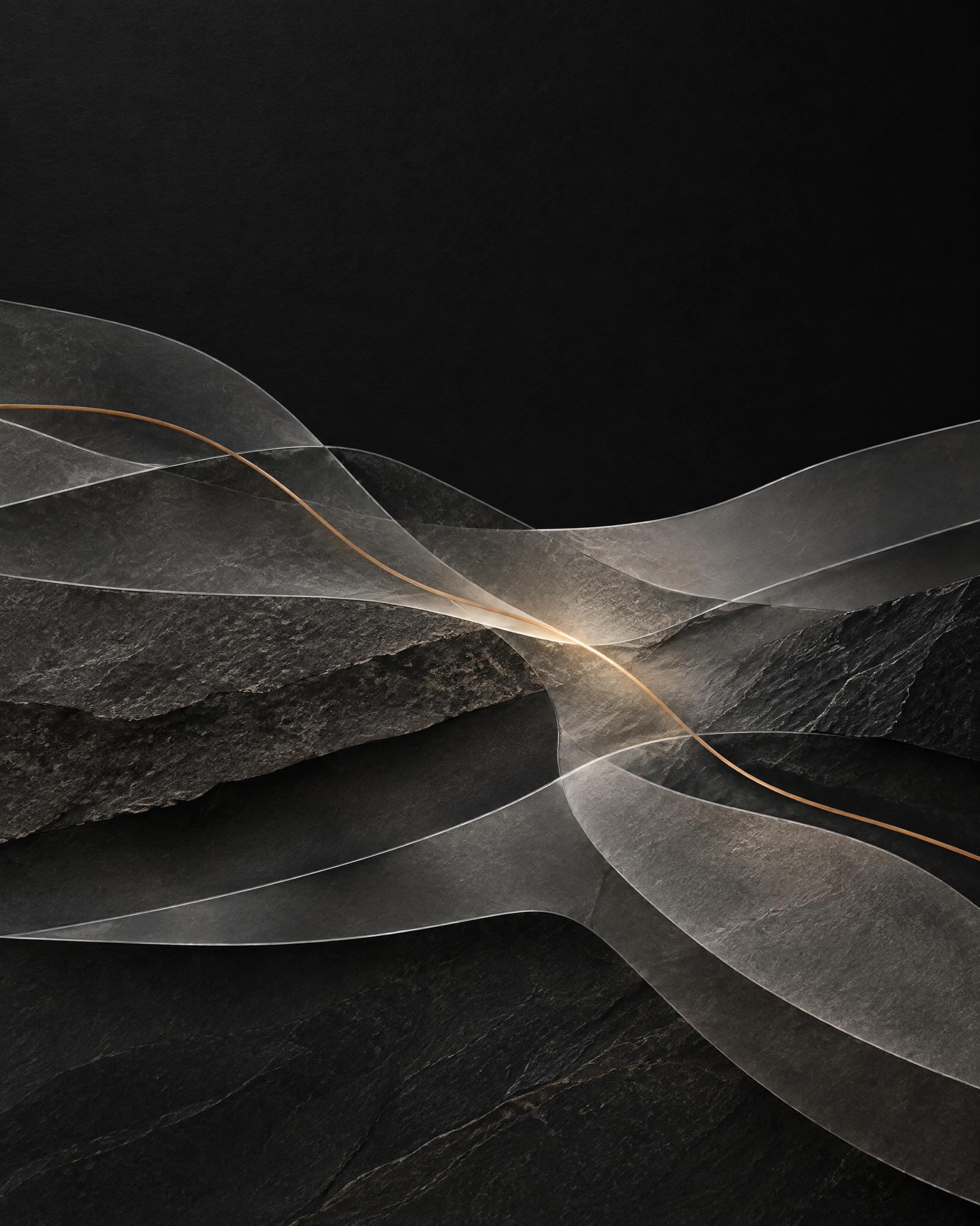 Abstract layered mineral forms with a muted sienna line, illustrating interconnected oil and gas project decisions.