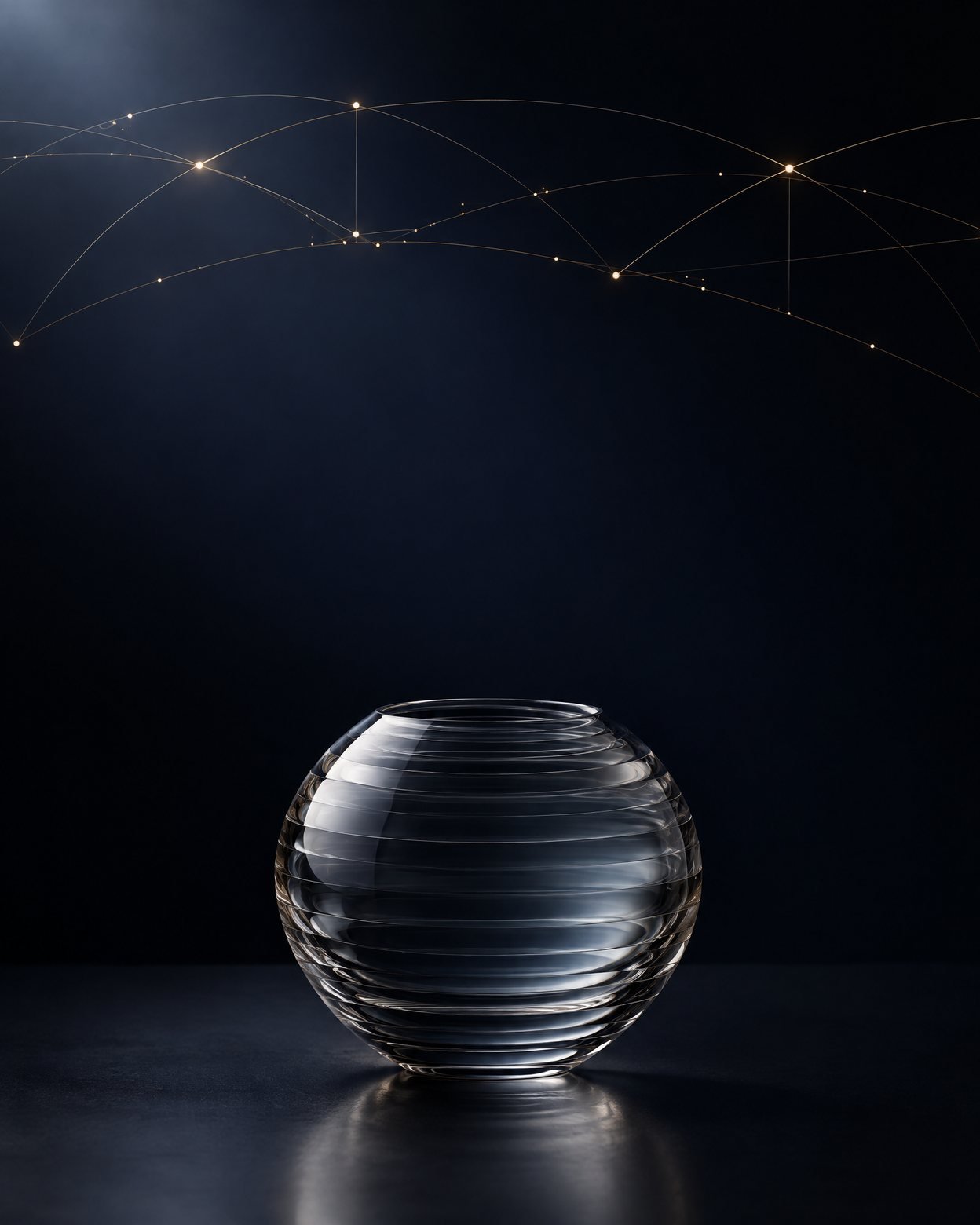 Abstract smoky glass form with fine brass lines on a deep charcoal background.