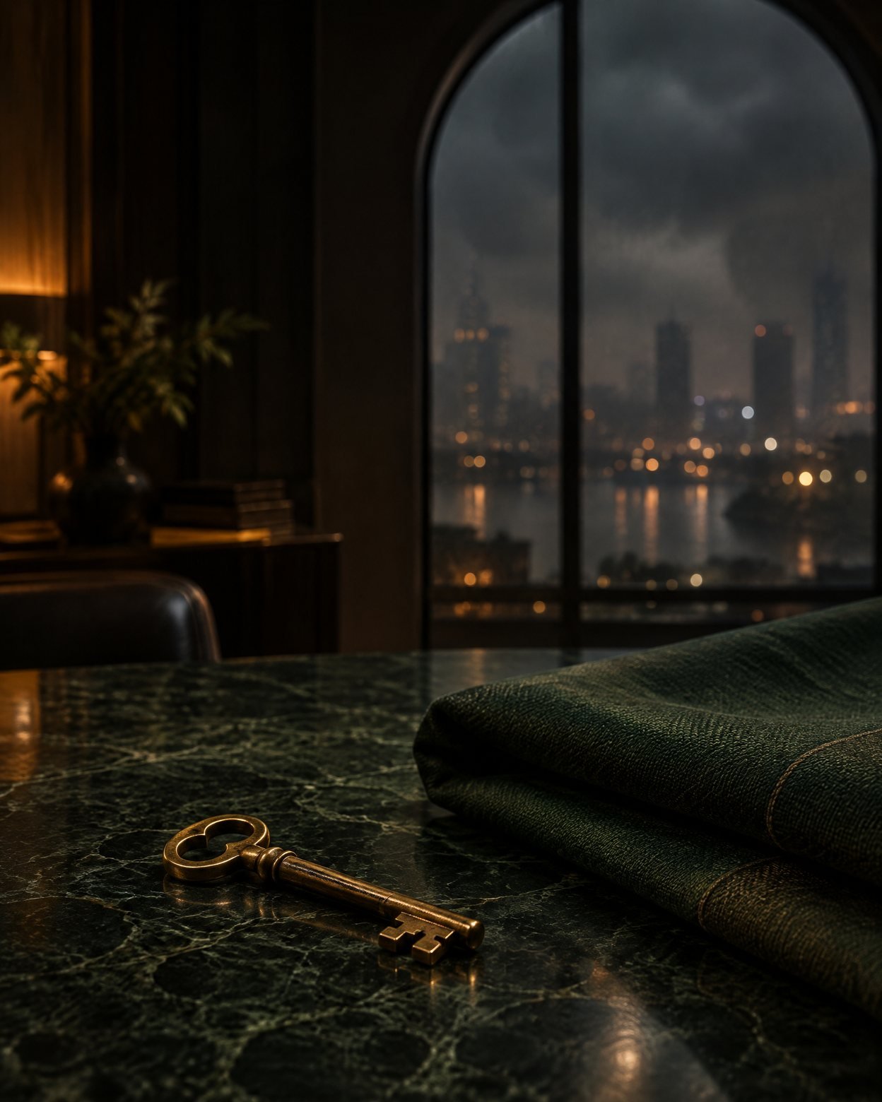 A brass key on dark marble beside folded woven fabric in a shadowed interior, with soft city lights beyond an arched window.