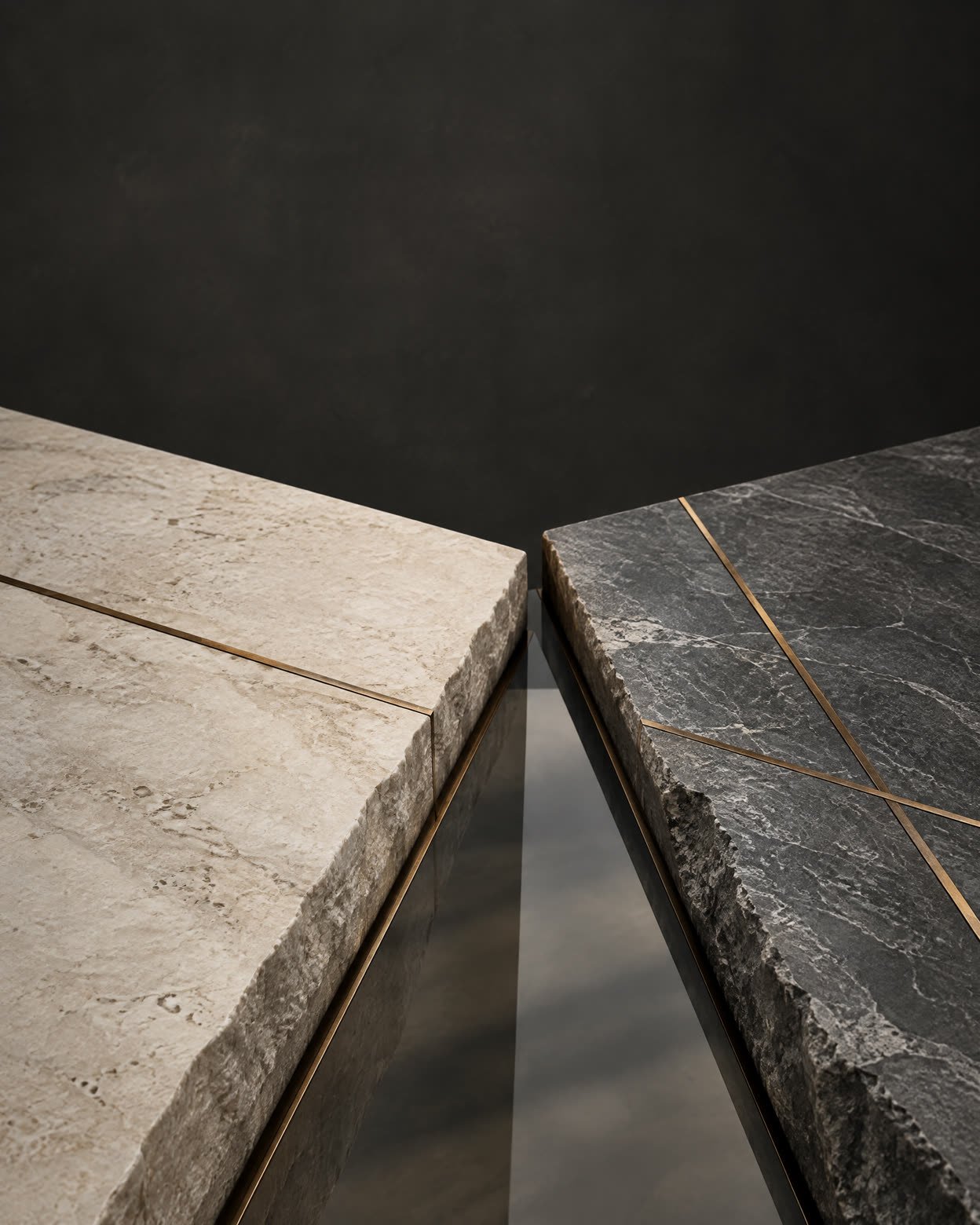 Abstract layered mineral forms separating and resolving in a calm architectural composition.