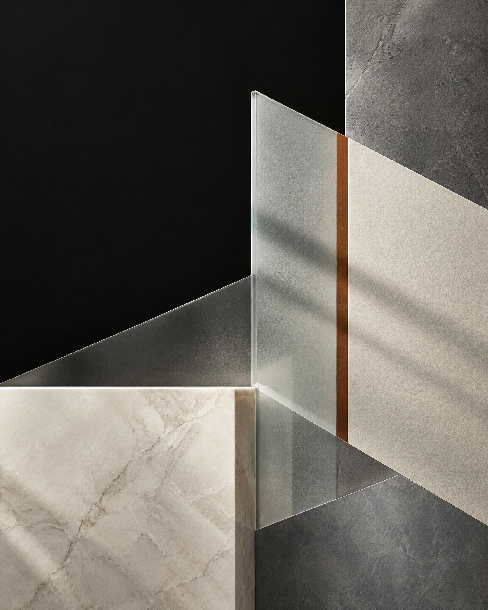Abstract layers of ivory, charcoal and muted-sienna architectural geometry.