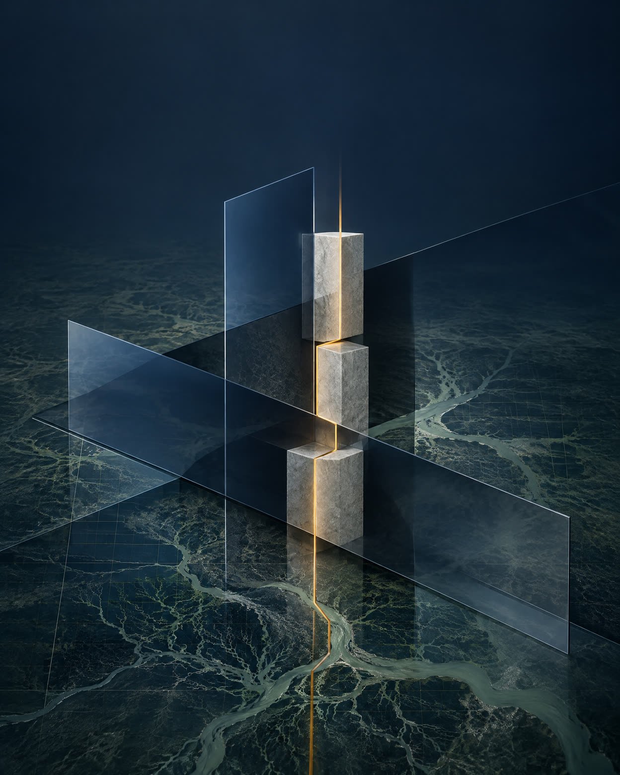 Abstract layered blue, grey and amber architectural composition