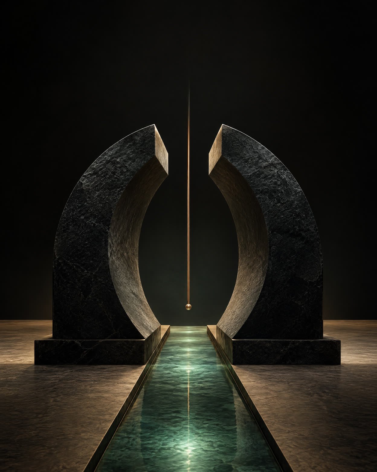 Abstract indigo and teal layered contours crossed by fine copper lines that meet at a balanced junction.