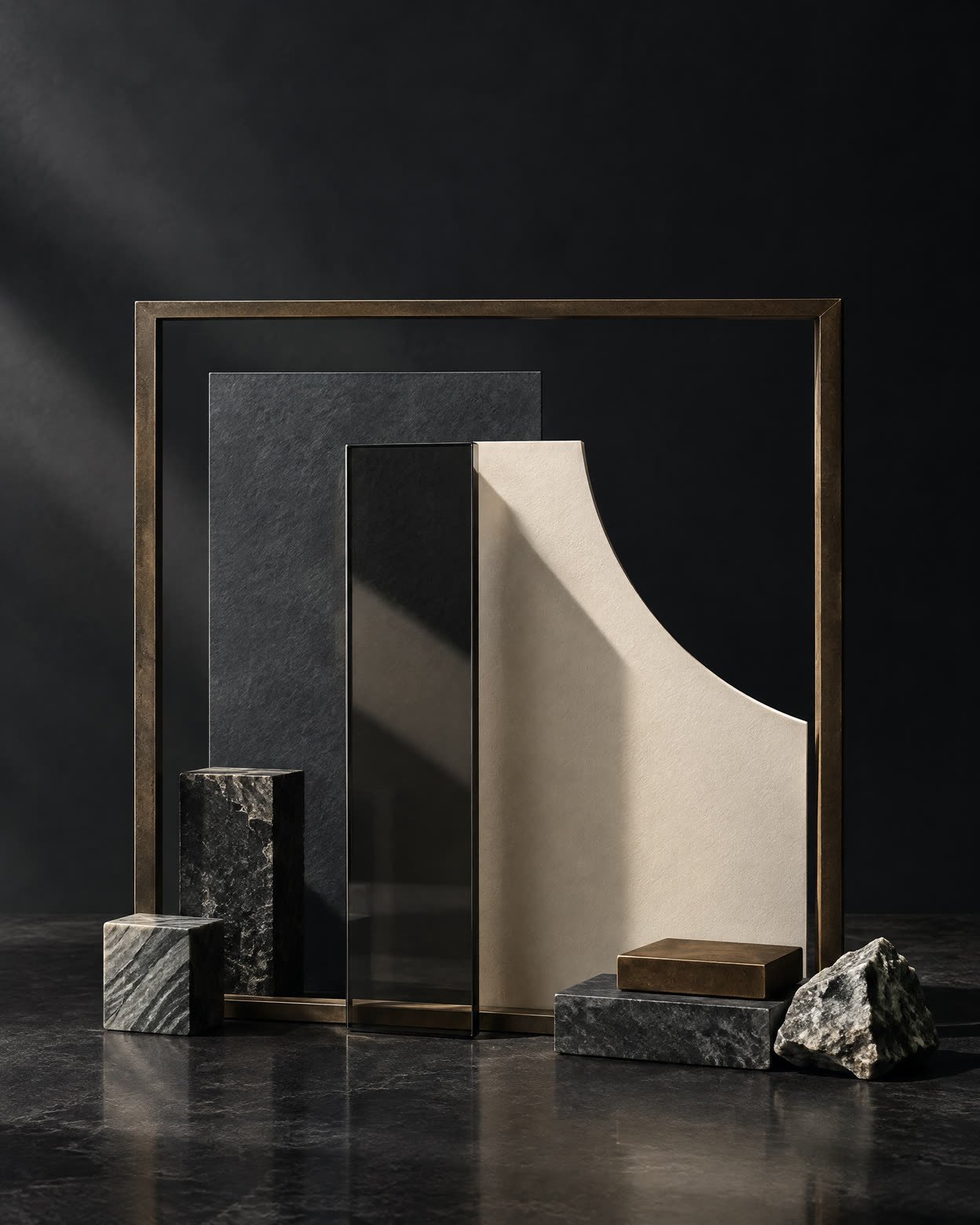 Abstract layered mineral glass and oxidised bronze composition suggesting order and traceability.
