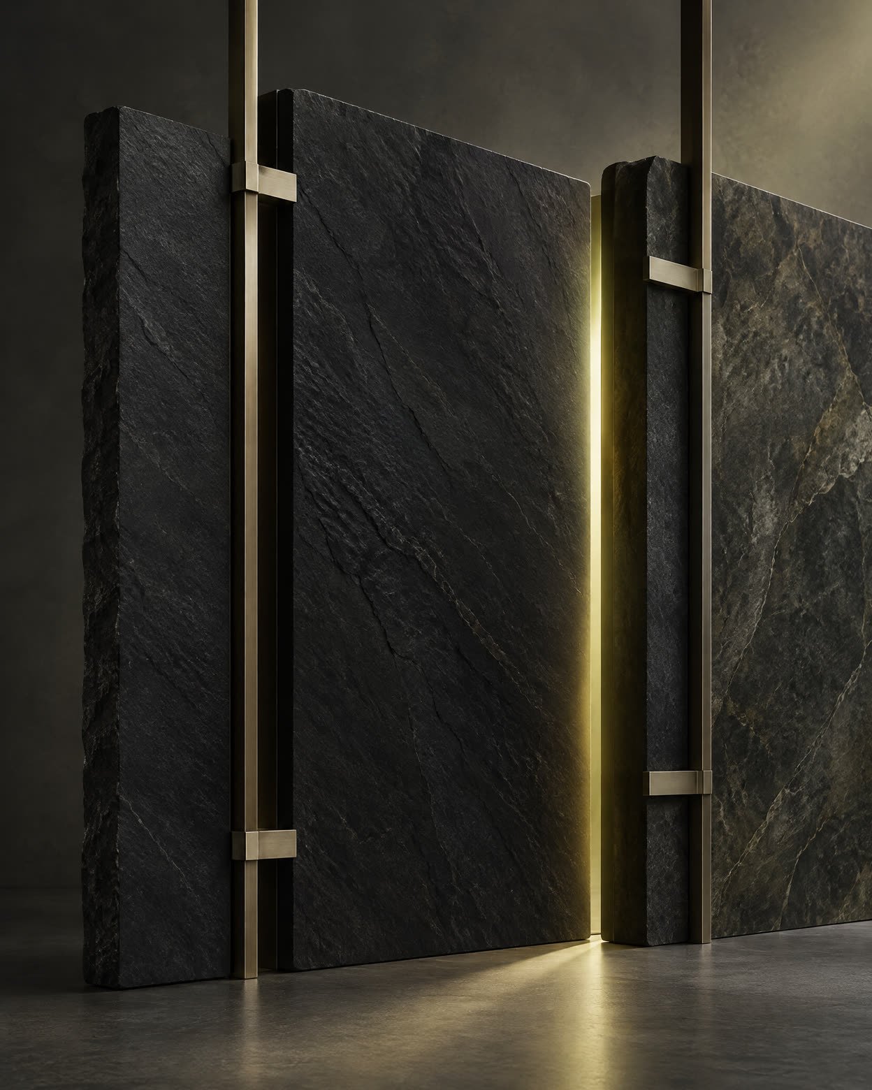Abstract layered blue and sandstone geometric forms converging into an illuminated path.