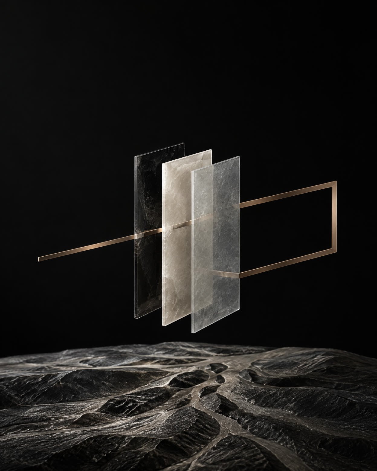 Abstract layered glass and metal composition suggesting a structured cross-border transaction.