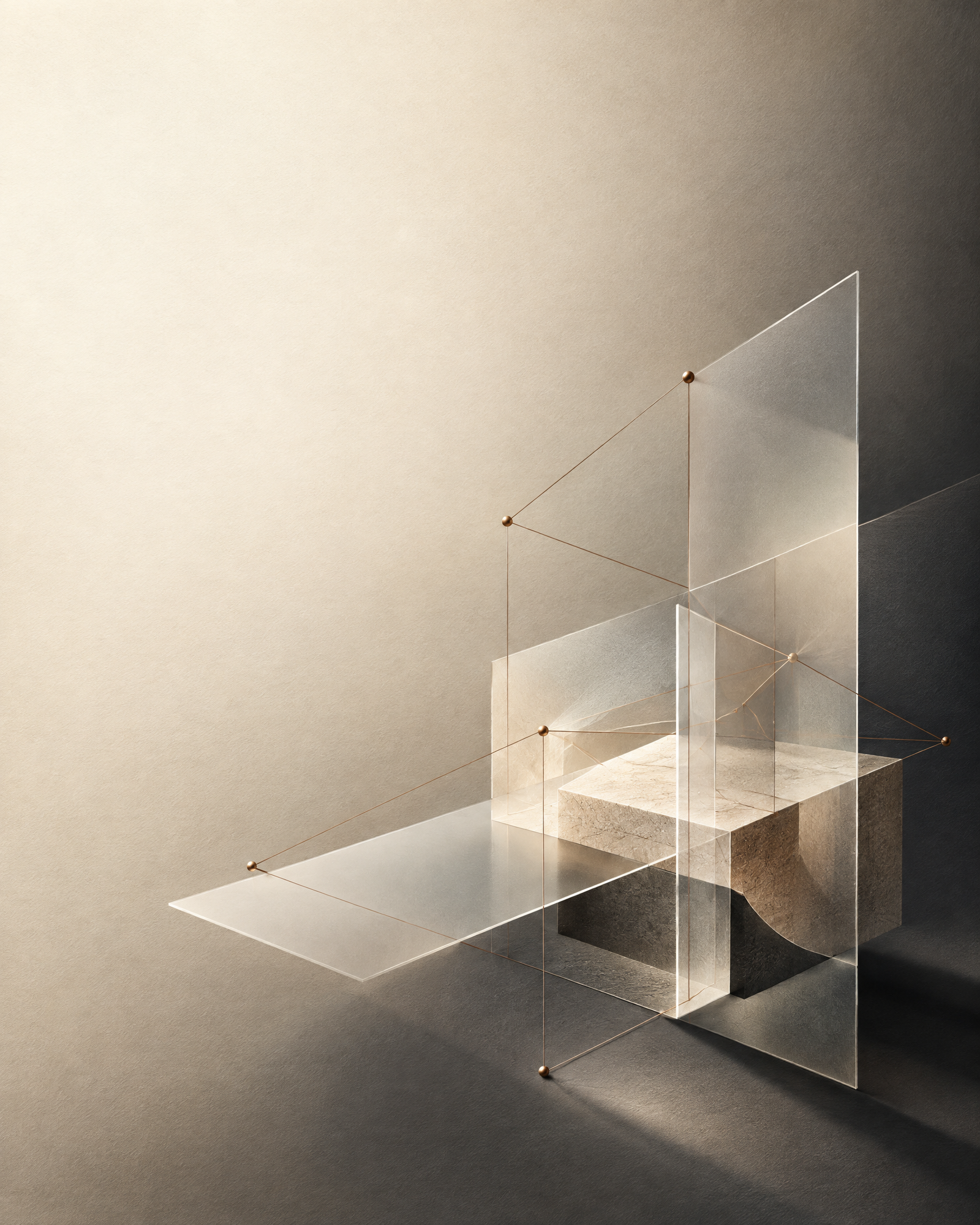 Abstract layered geometric structure with fine connecting lines in charcoal, ivory, grey and muted sienna.