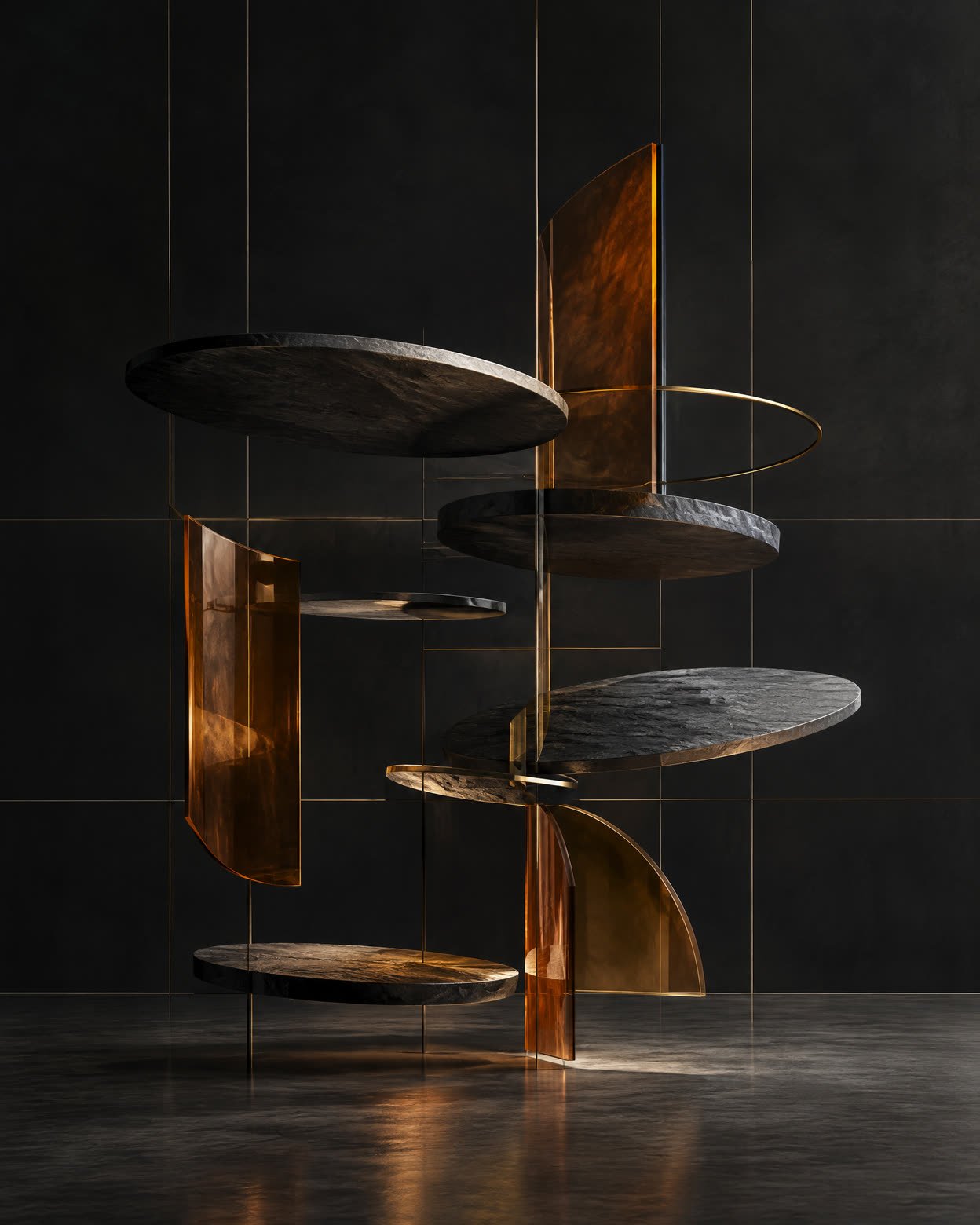 Three translucent curved panels converge around a suspended point of light against a dark blue background.