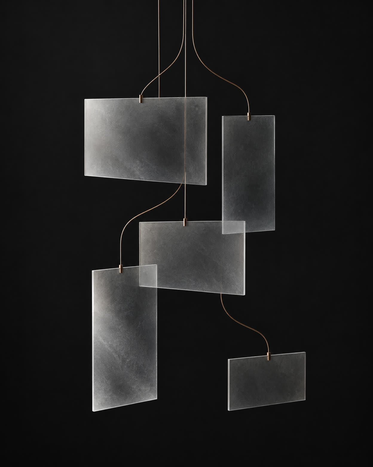 Suspended translucent rectangular forms connected by fine muted-sienna lines against a dark background.