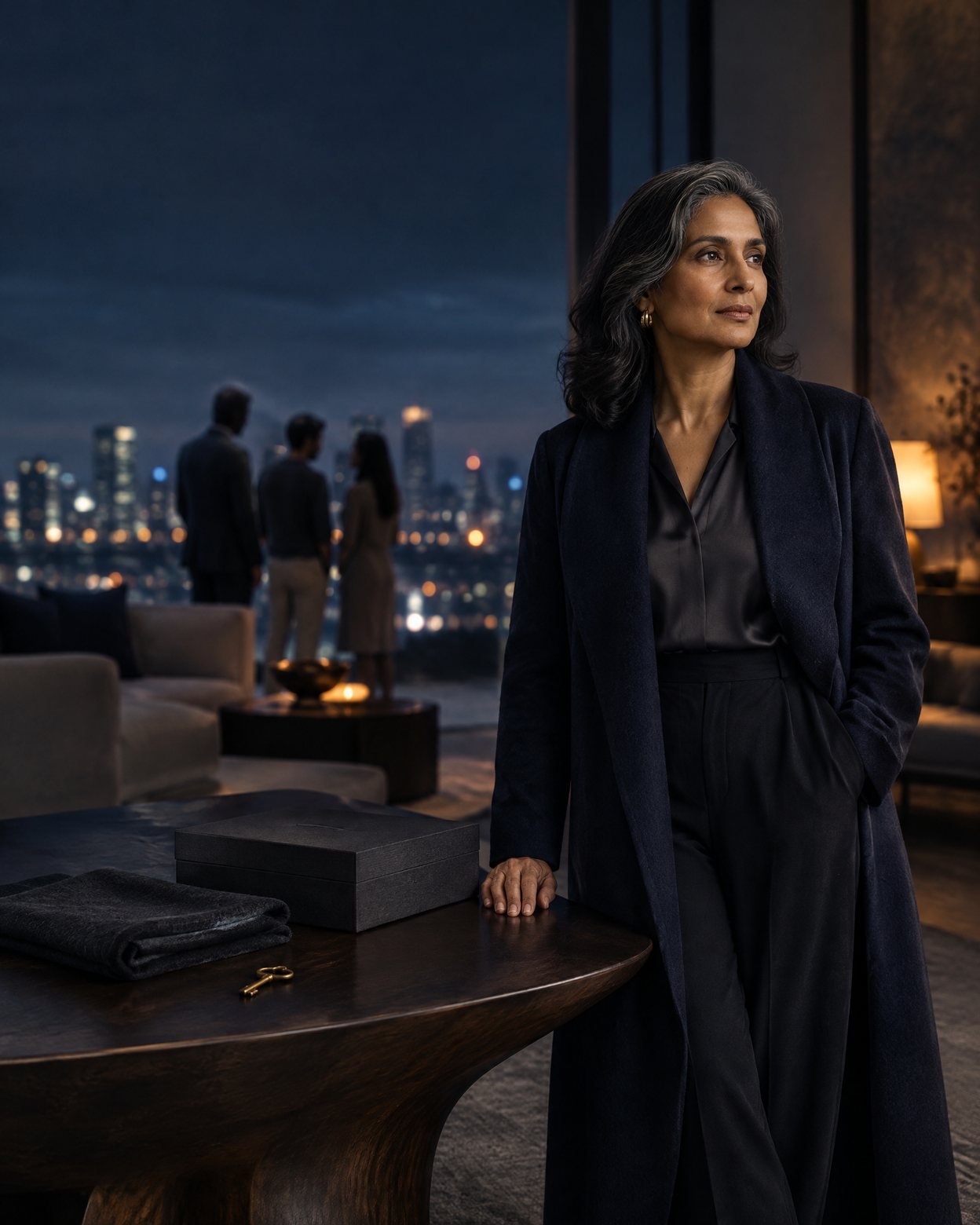 A woman in a quiet dark-toned interior, with an archival box on a table and family figures softly out of focus in the background.