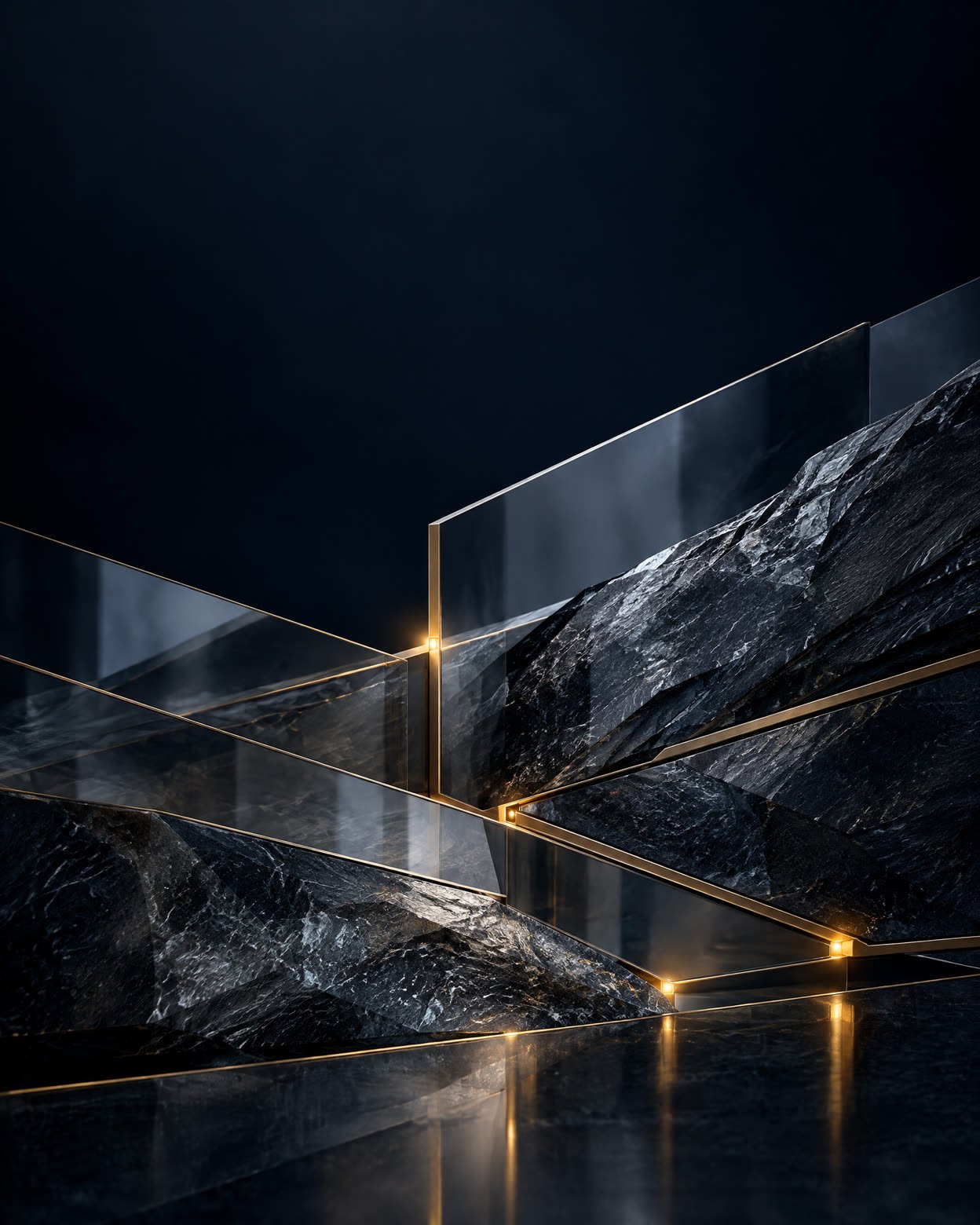 Layered smoky glass and grey planes intersected by thin brass channels and small amber-lit junctions against a dark indigo background.