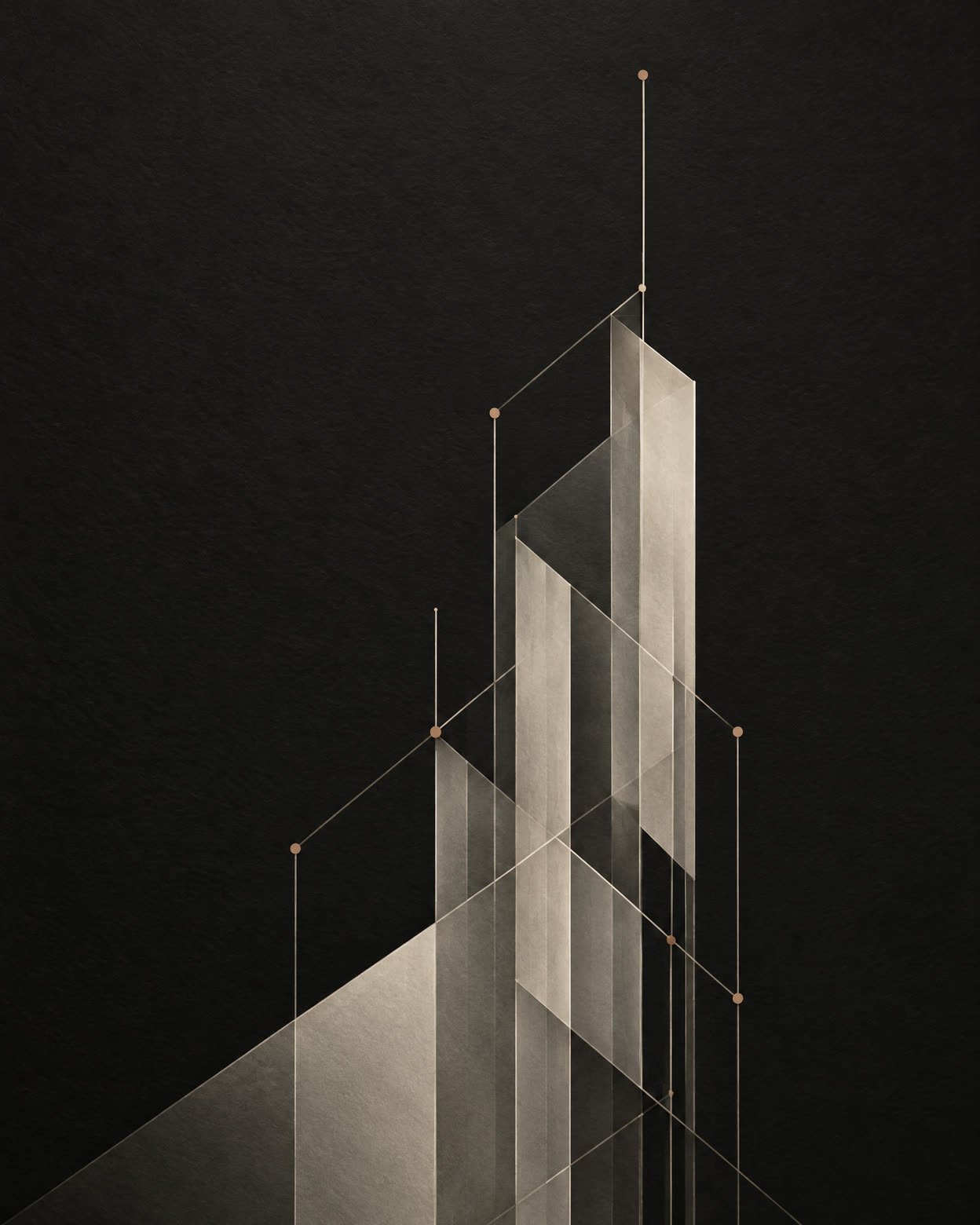 Abstract ivory and mineral-grey architectural lattice on a near-black field.