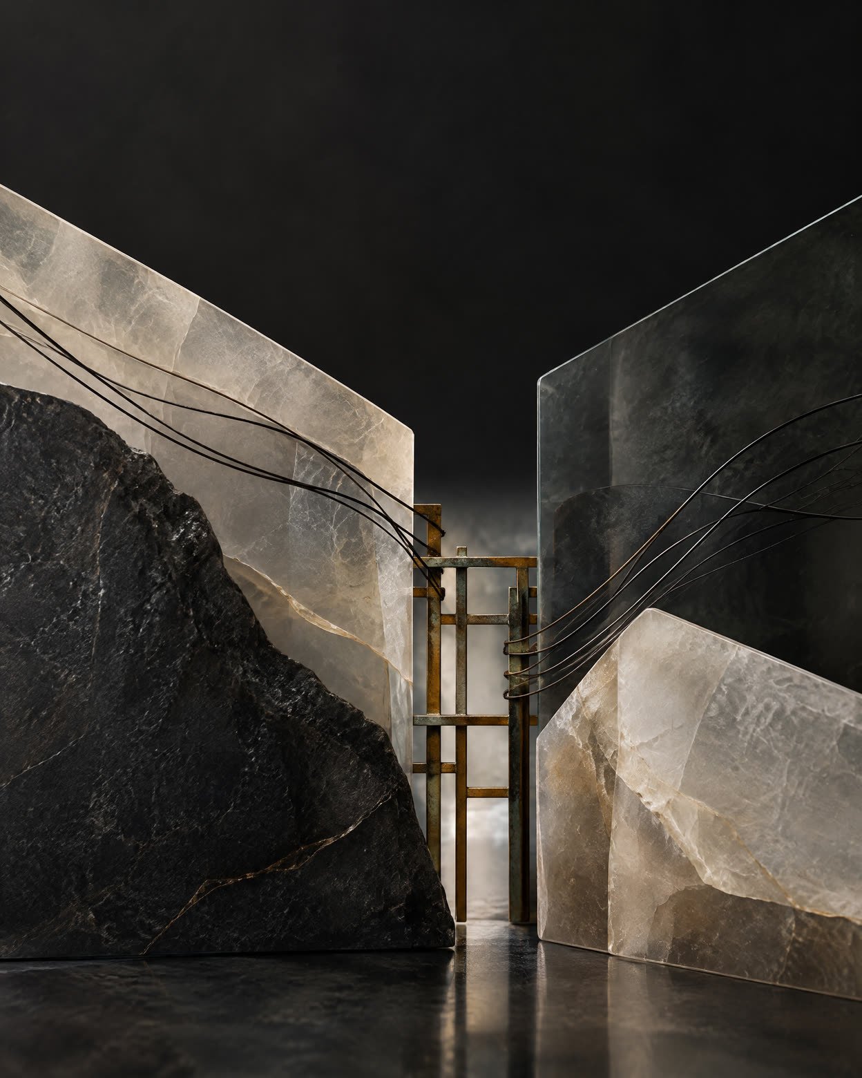 Abstract layered mineral forms converging through a balanced bronze structure.